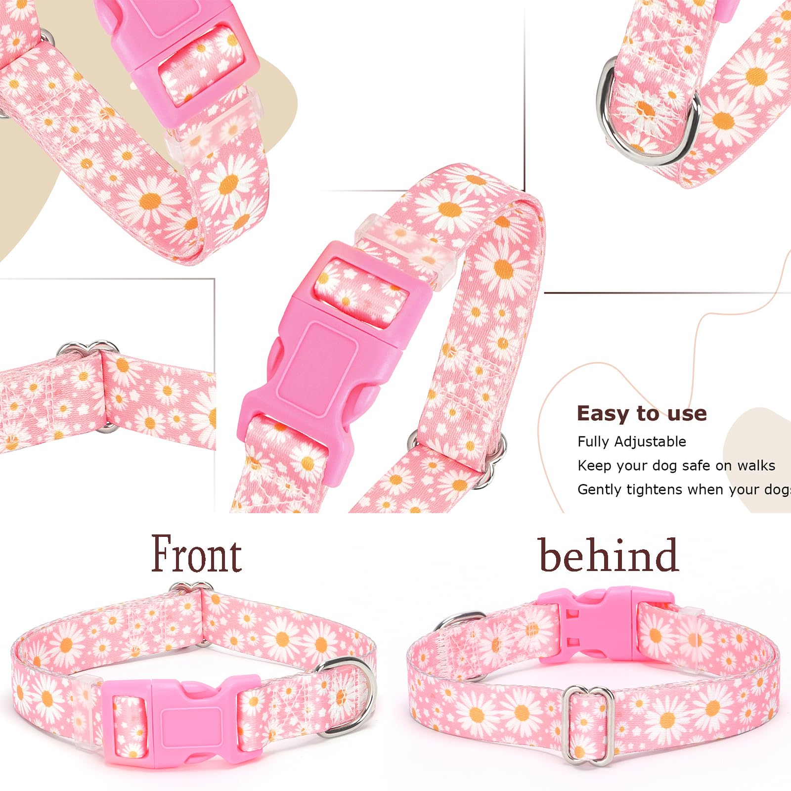 Girl Dog Collars For Medium Dogs,Female Dog Collars With Pink Daisy Flowers, Adjustable Comfy Soft Pet Collar With Safety Buckle