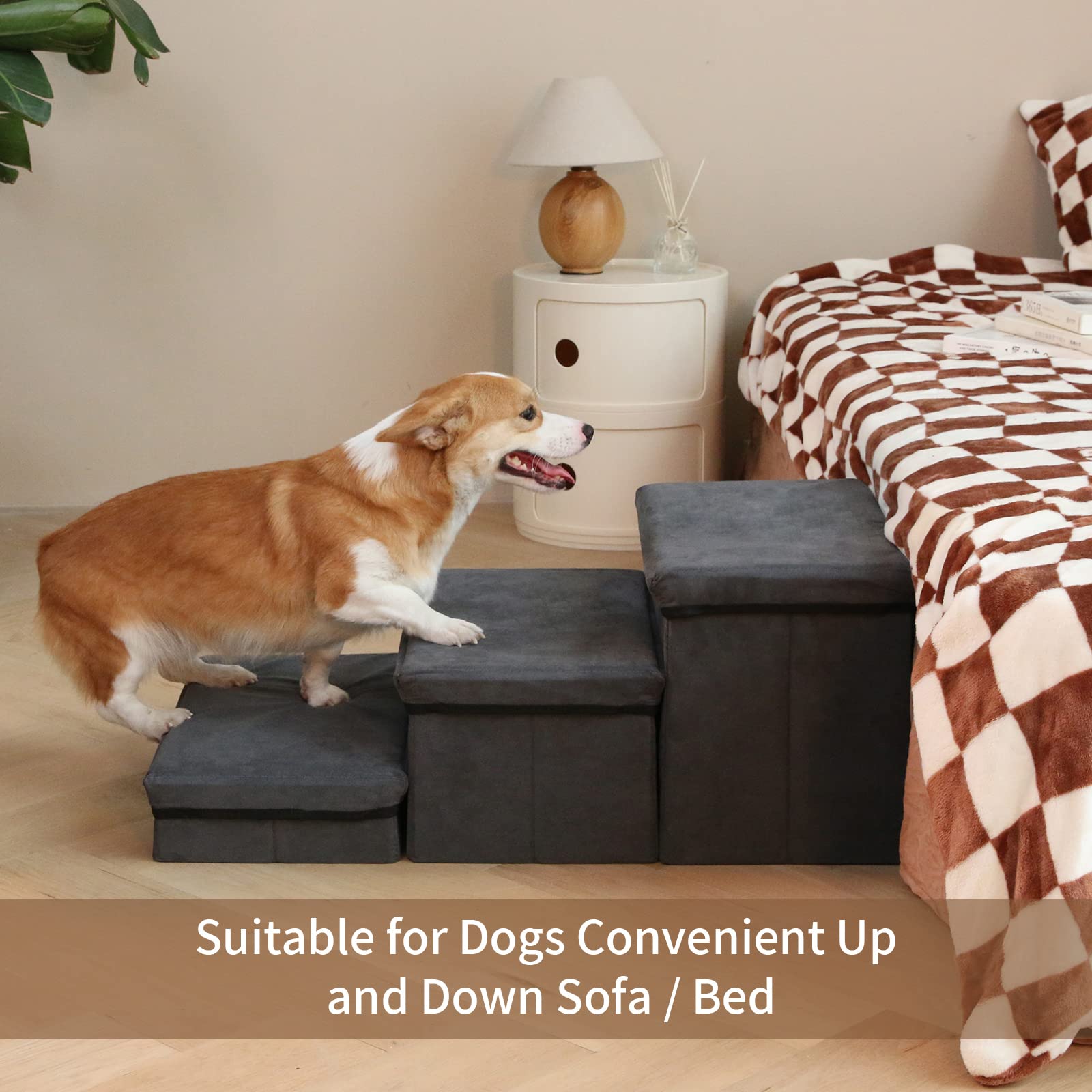 Foldable Dog Stairs/Steps 3-Tier Pet Steps Storage and Adjustable Steps for Small Medium Dogs Pet Steps Storage Stepper for High