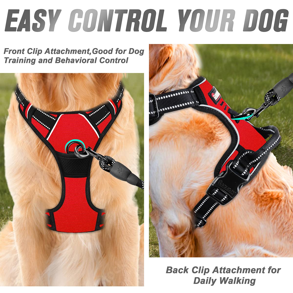 Barkbay No Pull Dog Harness Front Clip Heavy Duty Reflective Easy Control Handle For Large Dog Walking(Red,L)