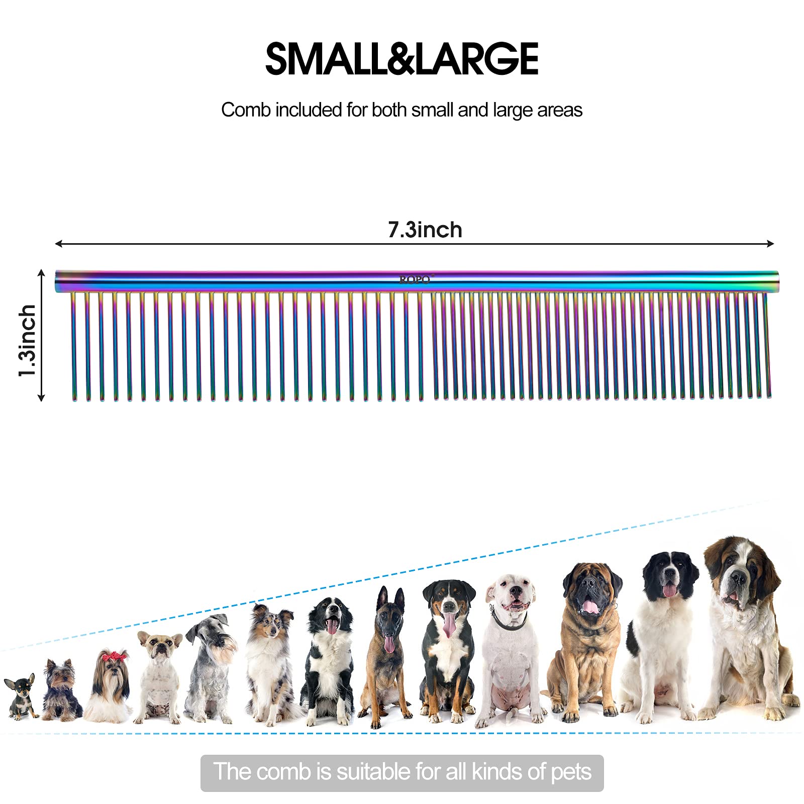 Ropo Dog Comb For Removing Matted Fur - Pet Dematting Comb With Rounded Teeth And Non-Slip Grip Handle - Prevents Knots And Mats