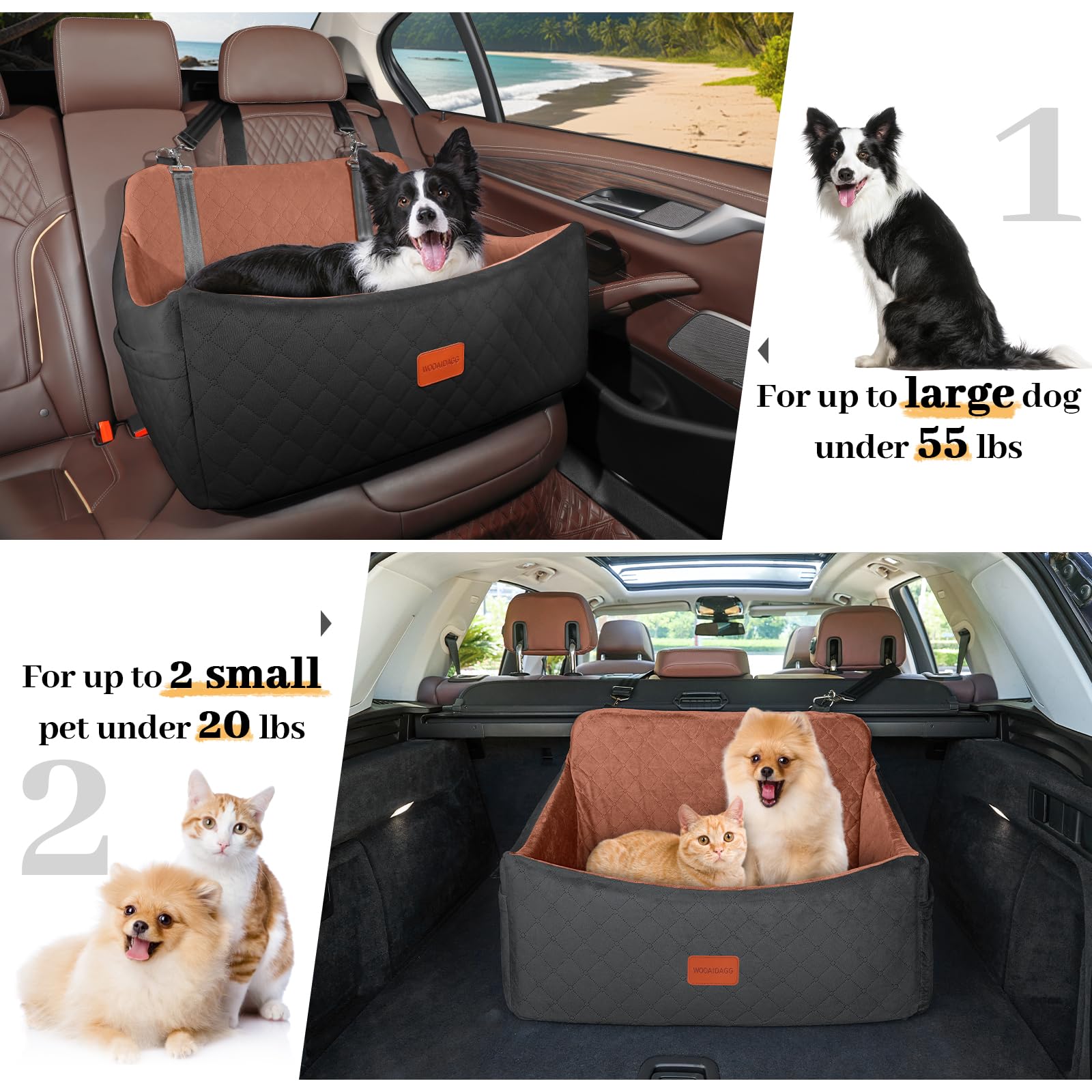 Wooaidagg Dog Car Seat for Medium & Large Dogs Up to 55lbs, Memory Foam Cushion, Washable Cover, Safety Straps & Non-Slip Bottom