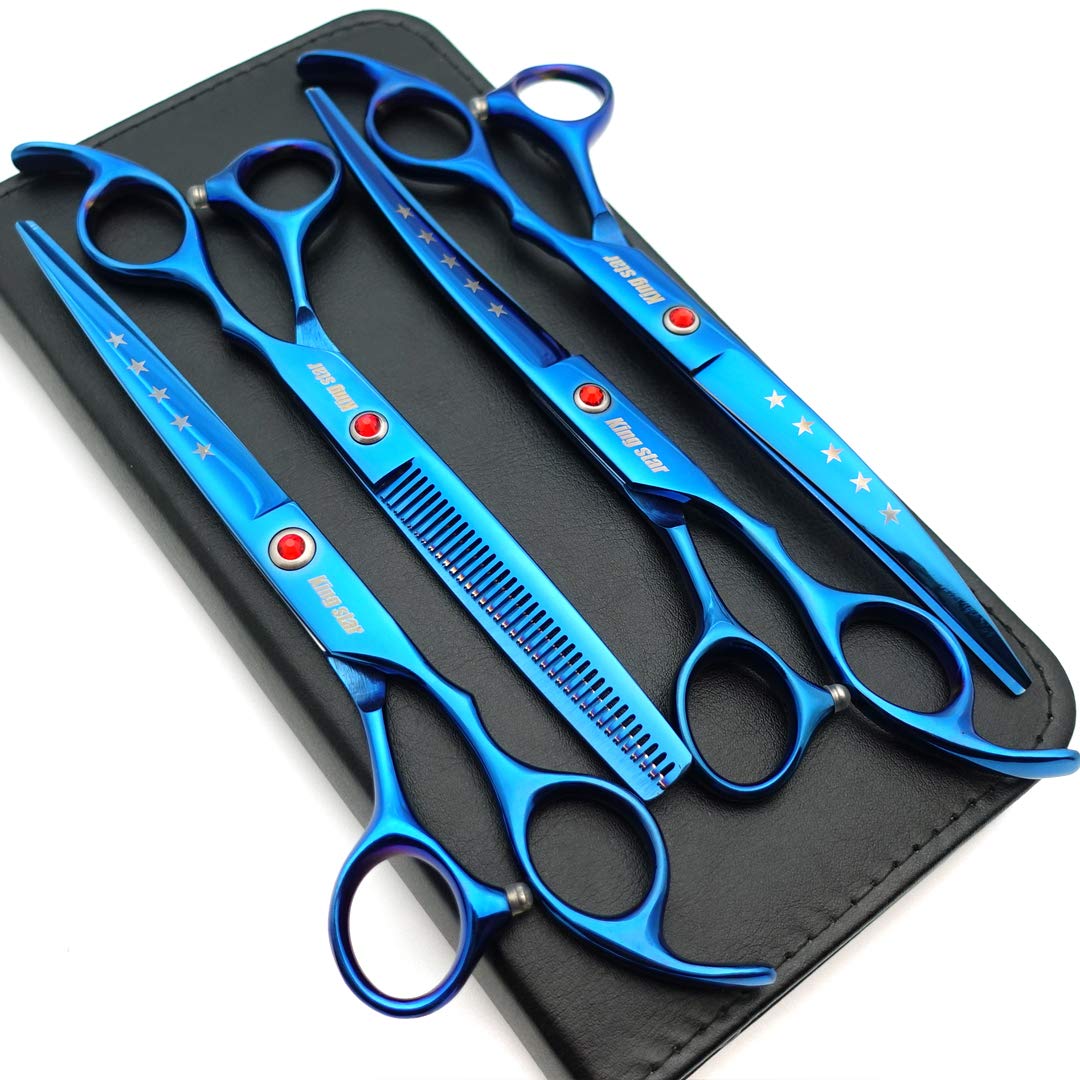 7.0In Titanium Blue Professional Pet Grooming Scissors Set,Straight & Thinning & Curved Scissors 4Pcs Set For Dog Grooming,(Blue