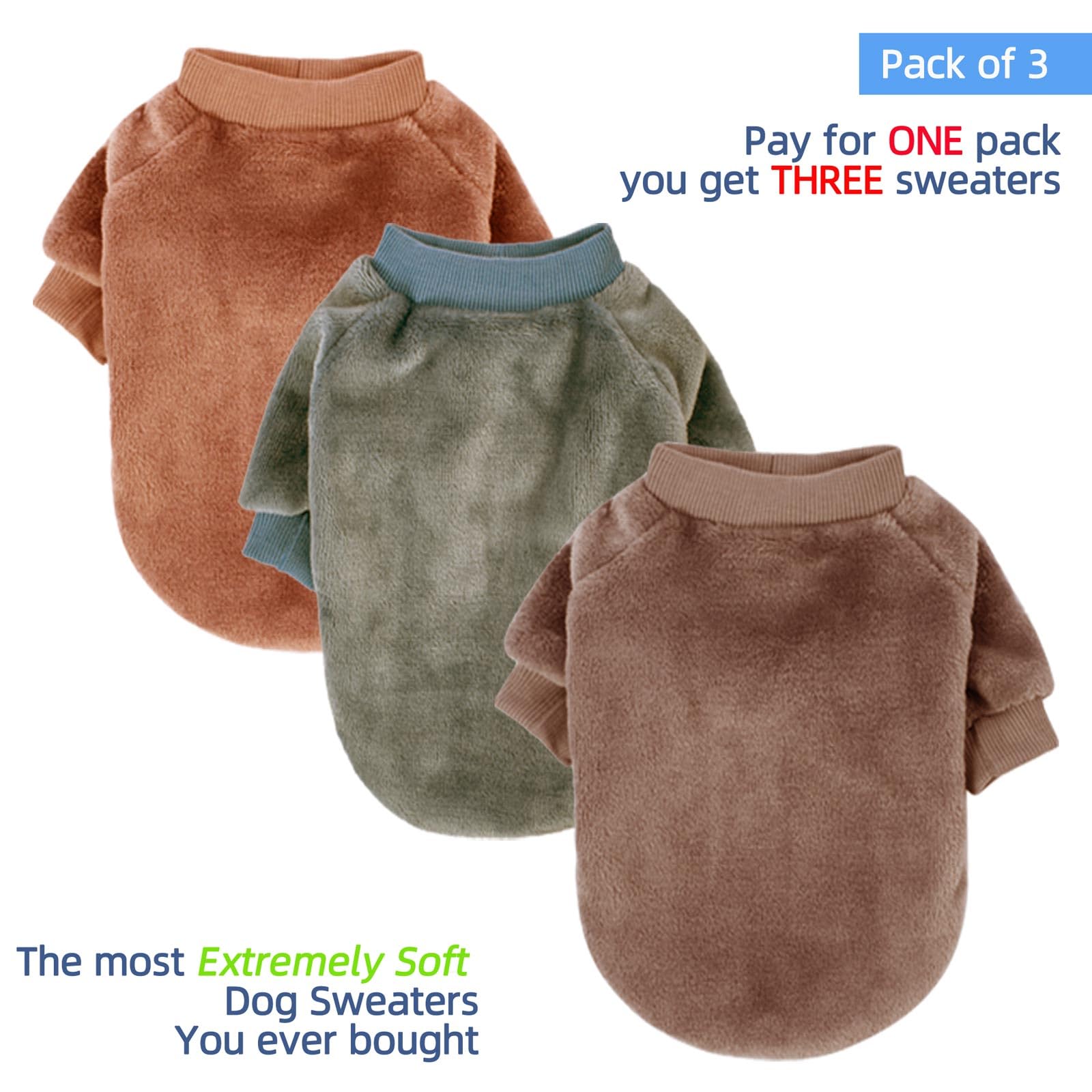 Fabricastle Small Dog Sweaters, 3-Pack Dog & Cat Clothes, Soft And Warm Pet Jackets For Small Dogs Boy & Girl, Winter Pet Appare