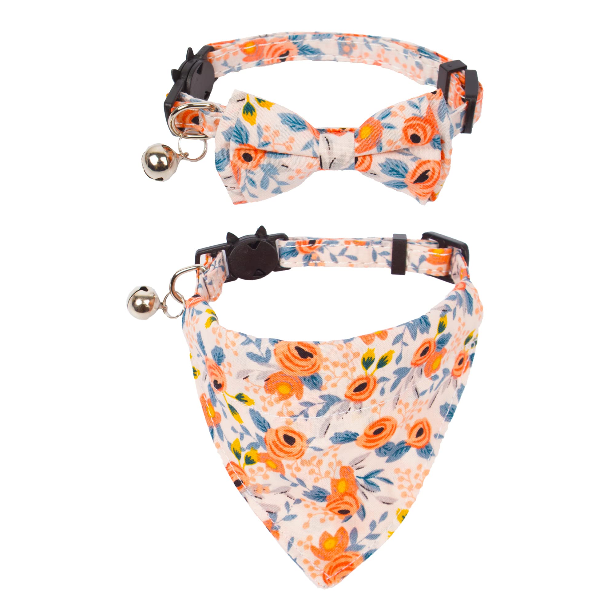 Adoggygo Breakaway Cat Collar With Bow Bandana, Kitten Collar With Removable Bowtie Bandana Cute Flower Pattern Cat Bowtie Banda