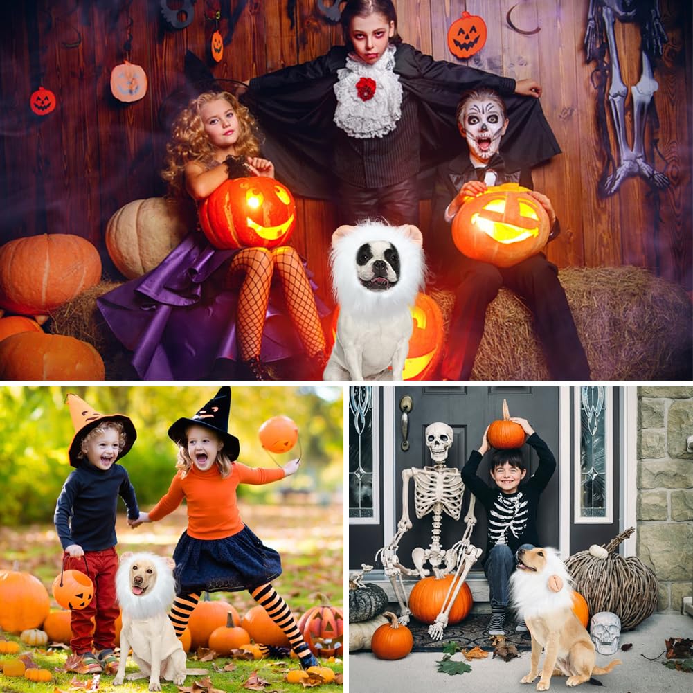 Vivifying Lion Mane Dog Costume, Adjustable Lion Wig With Faux Fur For Medium Dogs, Halloween Dog Accessory Perfect For Parties, Photoshoots, And Role-Playing (Medium, White)