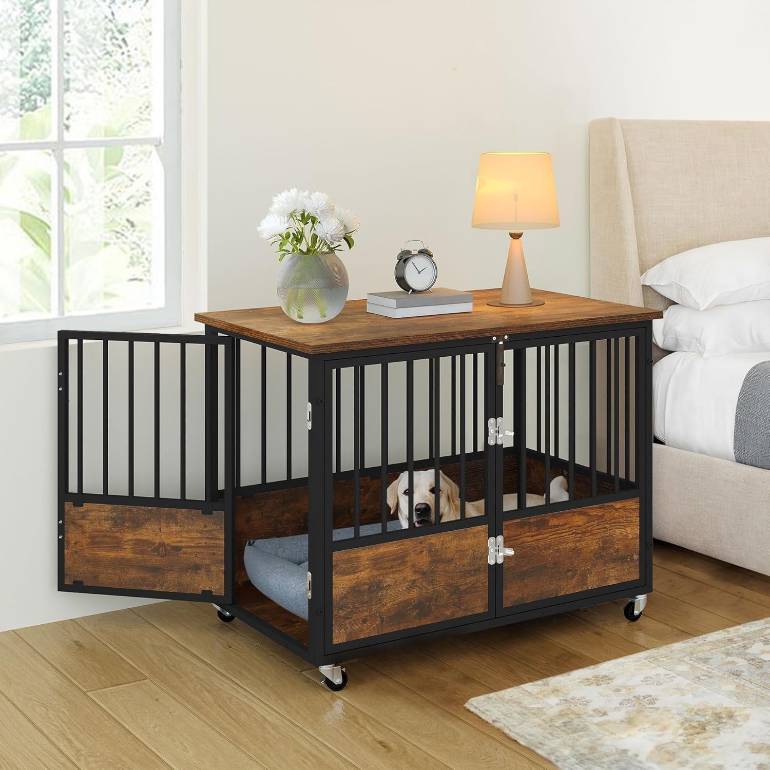 YITAHOME Rustic Heavy Duty Dog Crate Furniture with Wheels, Double-Doors Metal Dog Kennel Indoor for Small Medium Dogs, Decorati