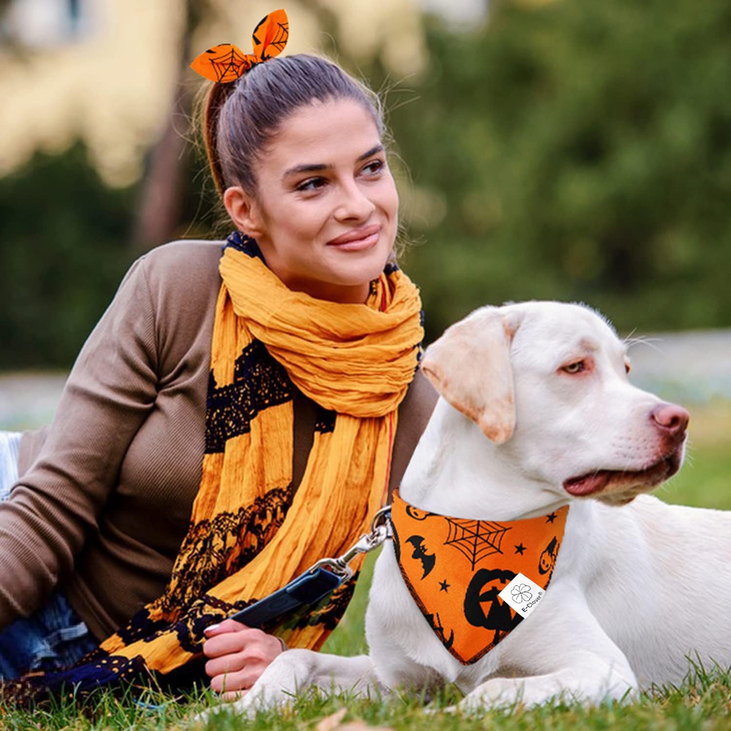 E-Clover Thanksgiving Dog Bandanas & Matching Scrunchie Set Pumpkin Dog Bandana Triangle Pet Bibs Scarf Outfit For Small Medium