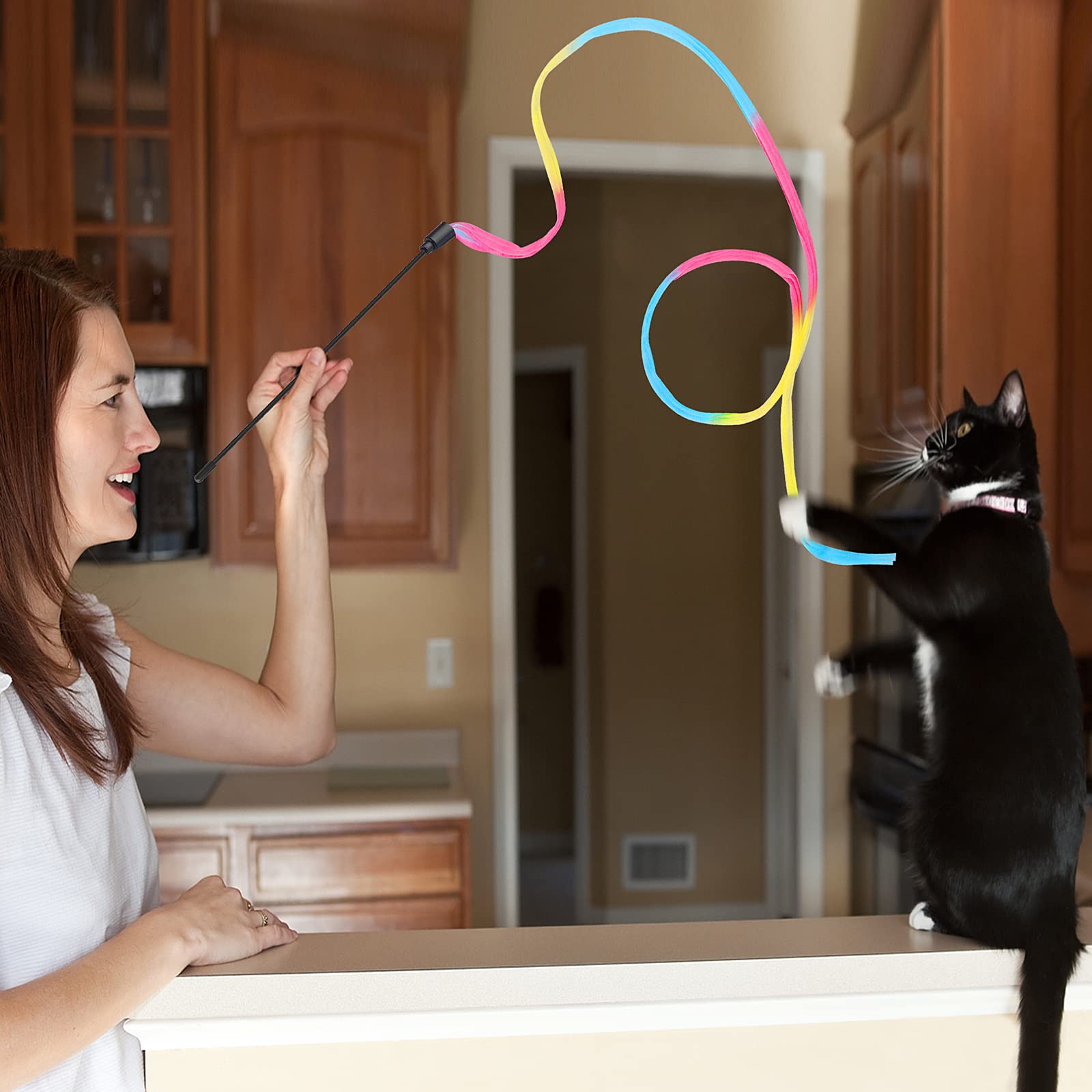 Molain Cat Wand Rainbow Toy, 3Pcs Rainbow Ribbon Cat Wand For Kittens Training Rainbow Ribbon Cat Interactive Catcher Wand Stick Toy For Kitten Cat Indoor Exerciser Playing(30Cm)