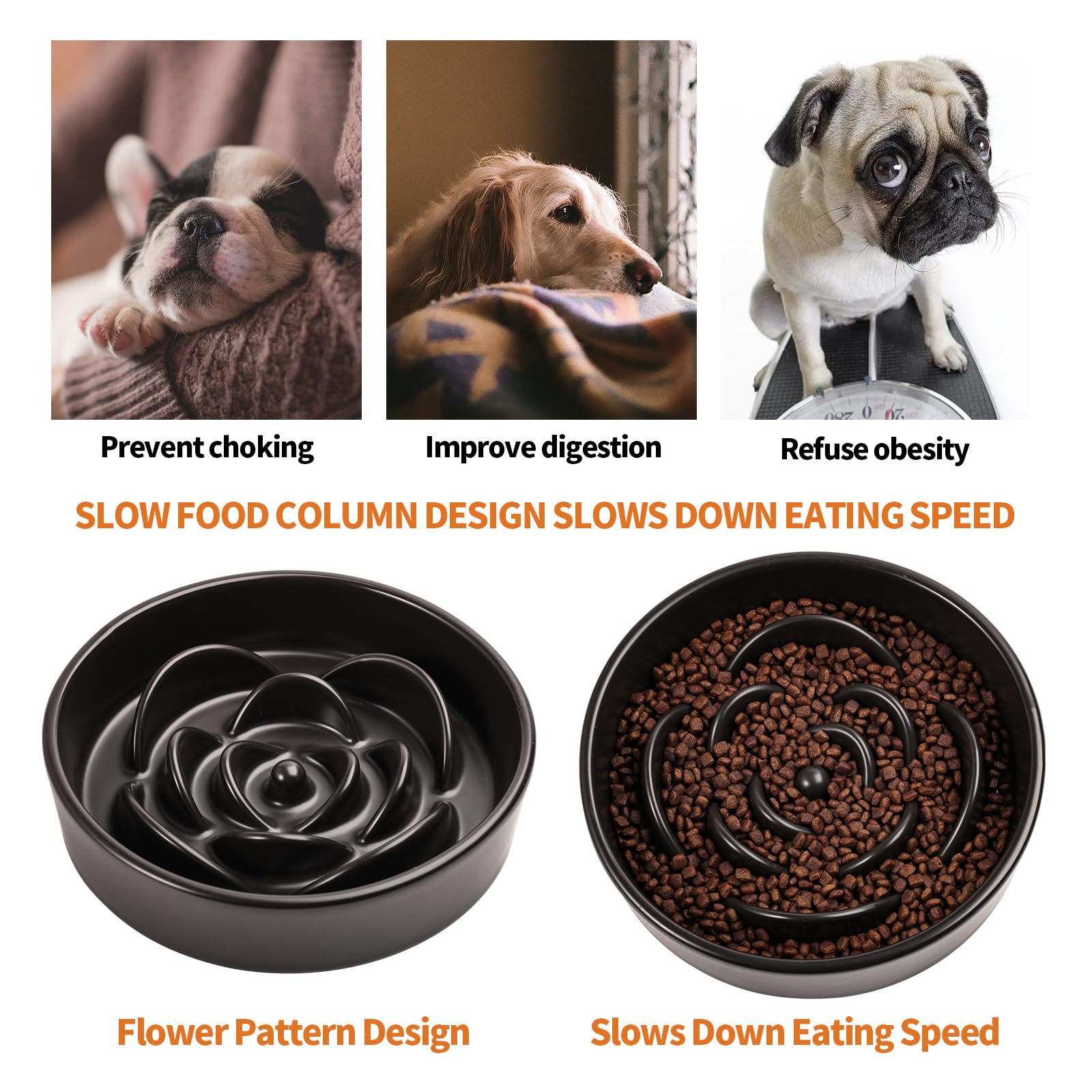 Addogyy Black Slow Feeder Dog Bowl - 8.26" Elevated Ceramic Dish for Medium & Large Breeds, Heavy Weighted Puzzle Eating Bowl