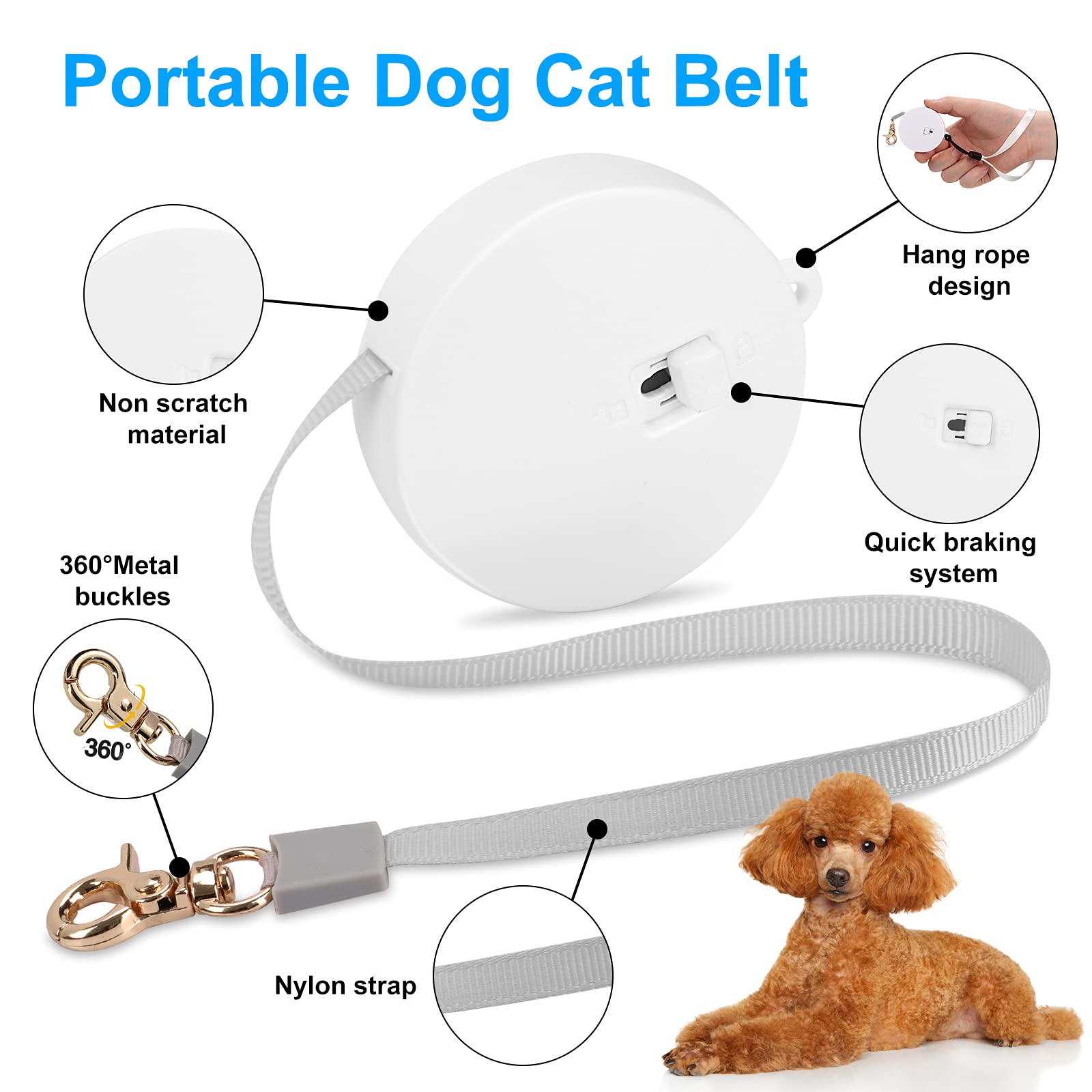 Retractable Dog Leash For Small Dogs Cats Up To 11Lbs With 6.5Ft Anti-Pull Strong Nylon Tape, Hands Free, Mini And Portable Walking Leash With Wrist Strap, One-Hand Brake, White Round