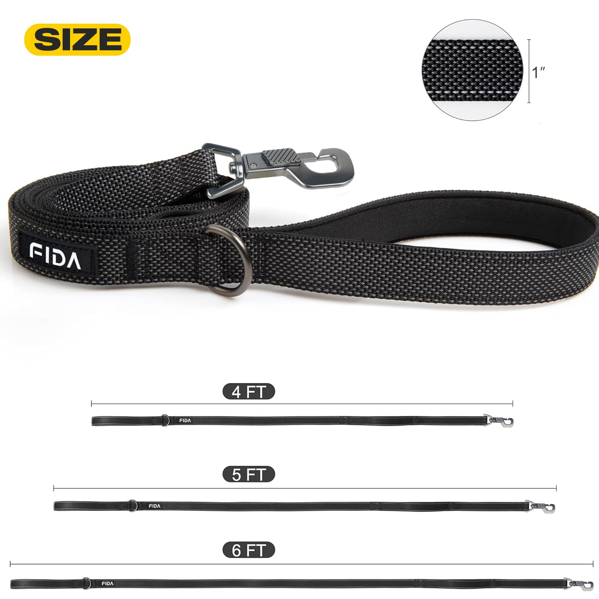 Fida 4 Ft Heavy Duty Dog Leash With 2 Comfortable Padded Handles, Traffic Handle & Advanced Easy Snap Hook, Reflective Walking L