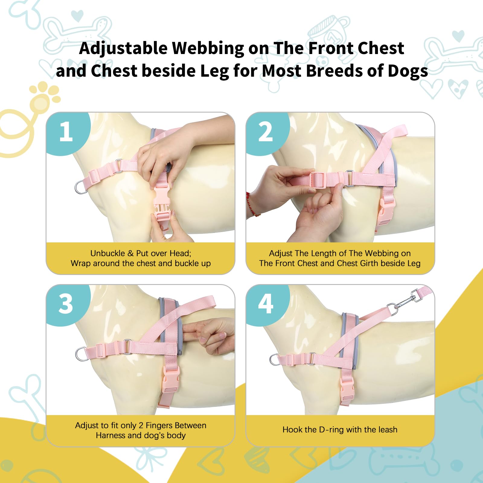 Wisedog No Pull Dog Harness - Adjustable Webbing Dog Halter Harness With Reflective Soft Padded For Large Dogs(Gossamer Pink, L|