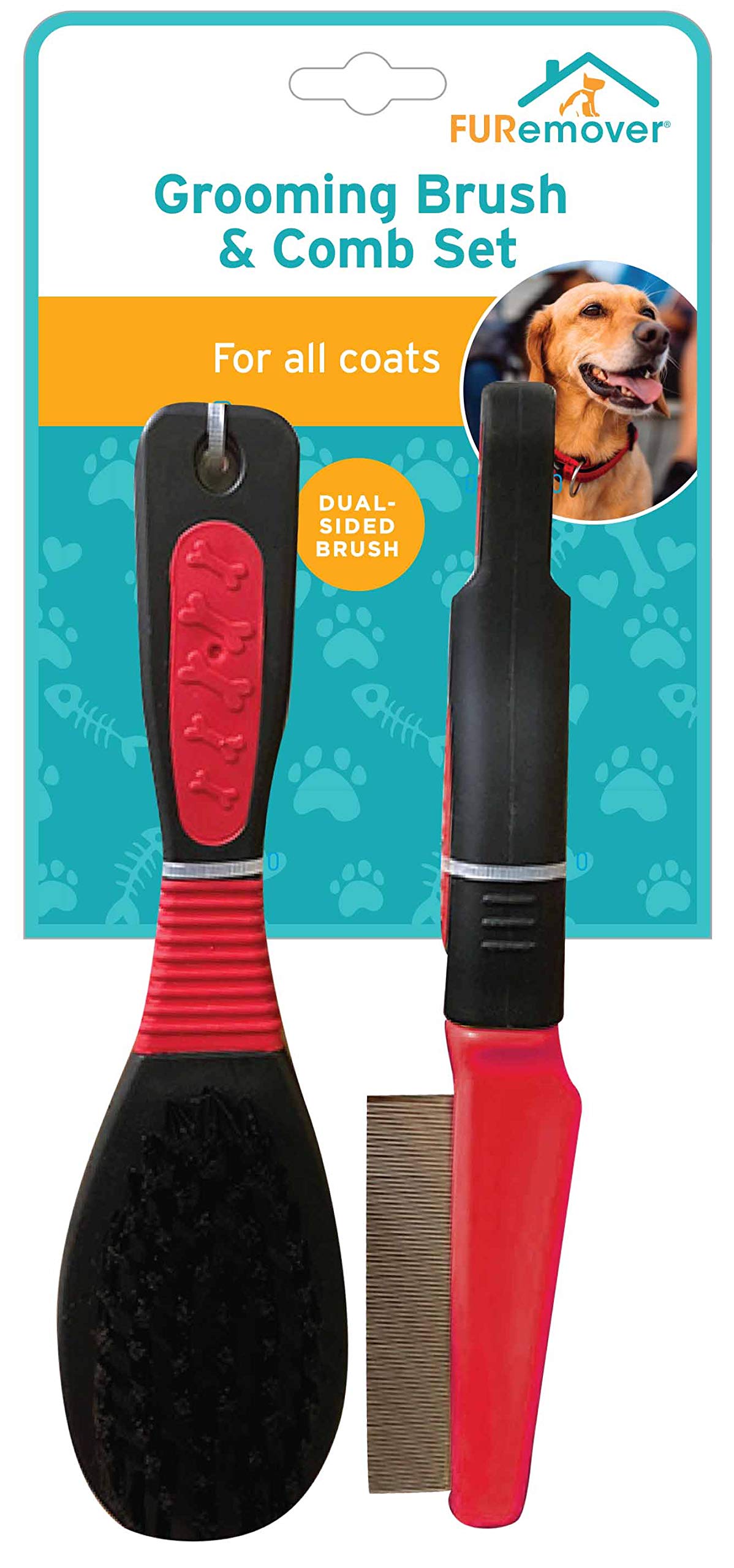 FURemover Grooming Brush & Comb Set, Suitable for All Coats, Includes One Flea Comb and One Dual-Sided Brush with Soft Bristles 
