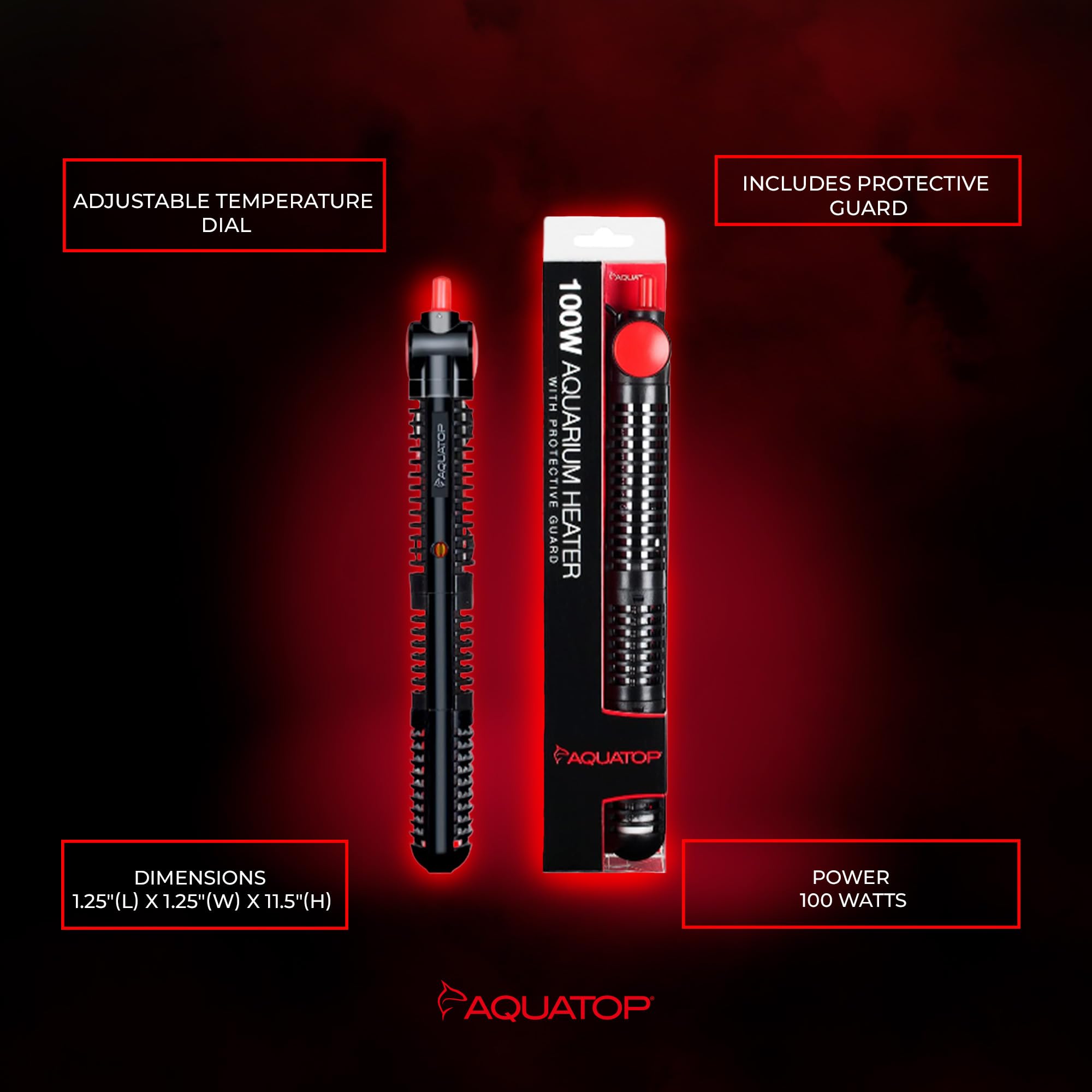 Aquatop 100W Premier Glass Heater with Guard - Submersible for Fish Tanks Up to 25 Gallons - 68-93F Adjustable Temp - Fresh & Sa