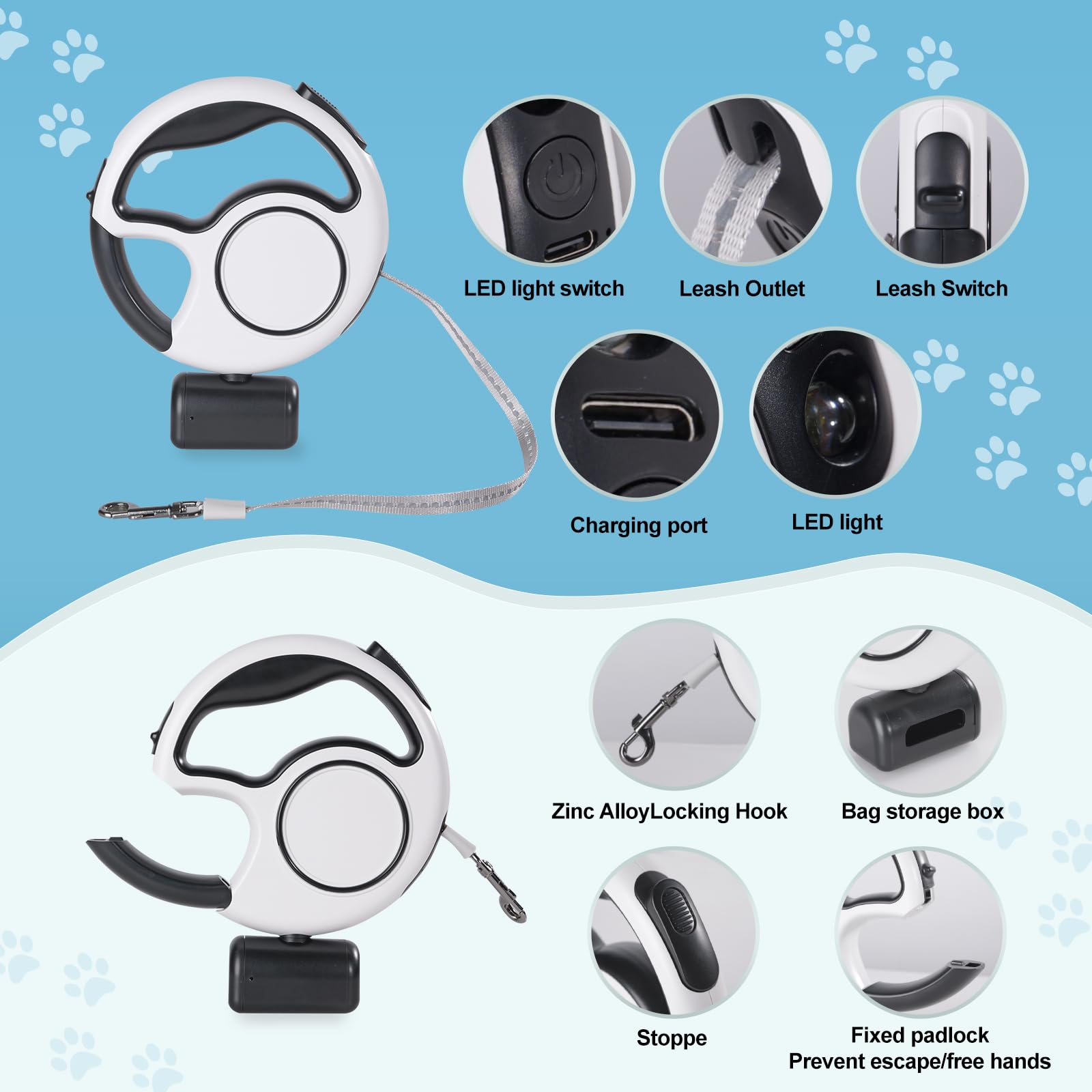 Retractable Dog Leash 4 In 1 With Led Light & Dispenser & Fixed Hanging, 10 Ft Heavy Duty Dog Leash Retractable For Medium Large