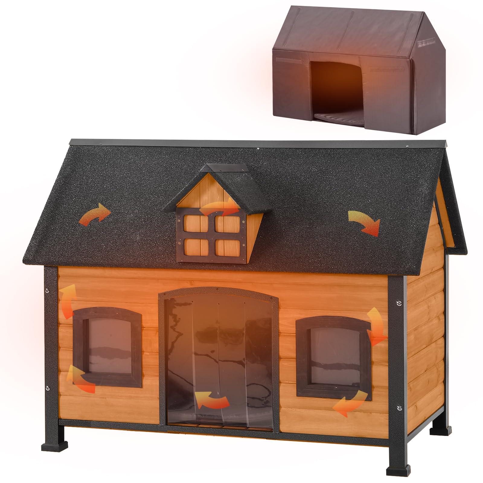 Aivituvin Dog House With Insulated Liner Anti-Chewing Metal Frame Design Insulated Wooden Dog Kennel With Unique Design Roof, We