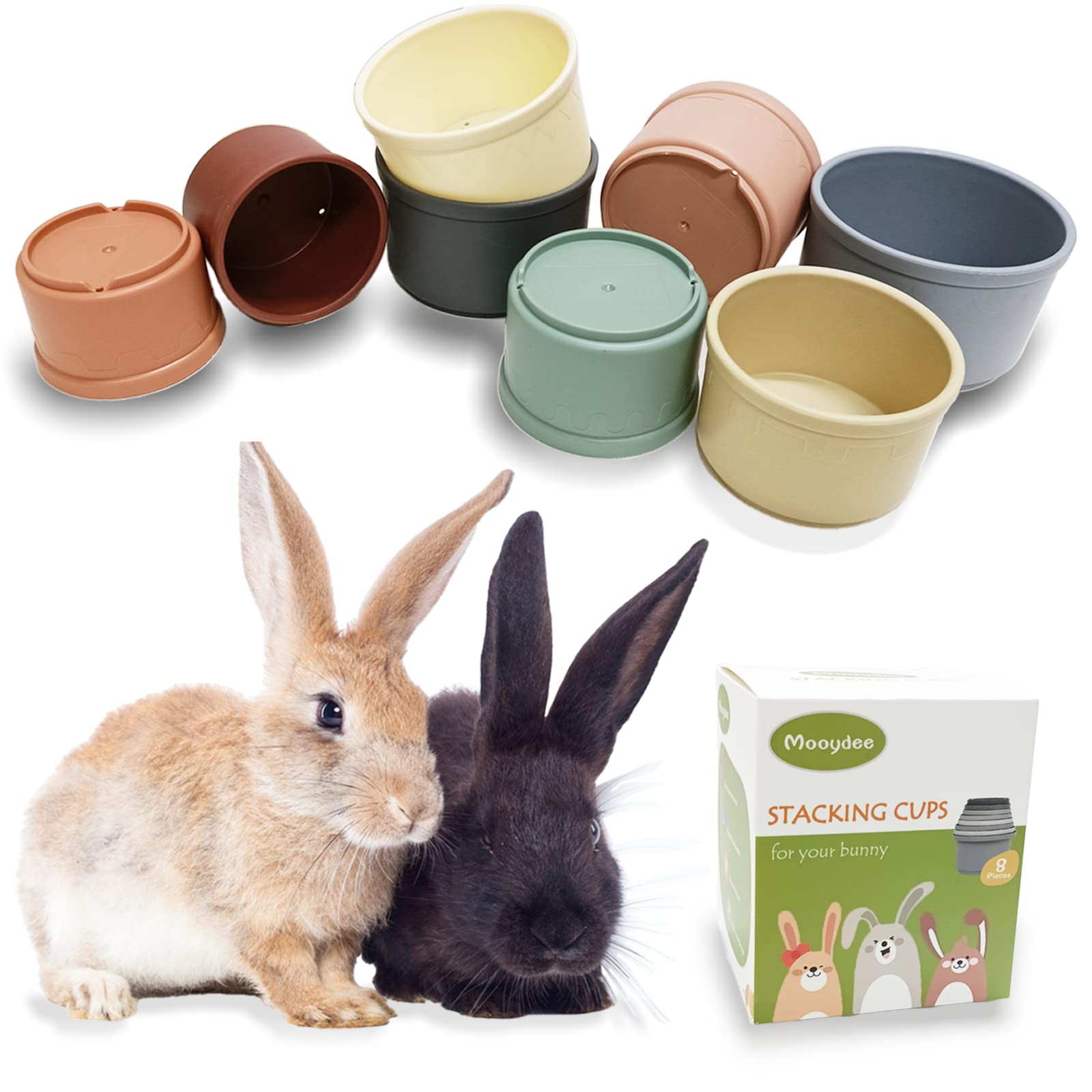 Mooydee 8 Pcs Stacking Cups for Rabbits & Guinea Pigs - Reusable Multi-Colored Bunny Toys of Different Sizes, Safe Plastic Nesti