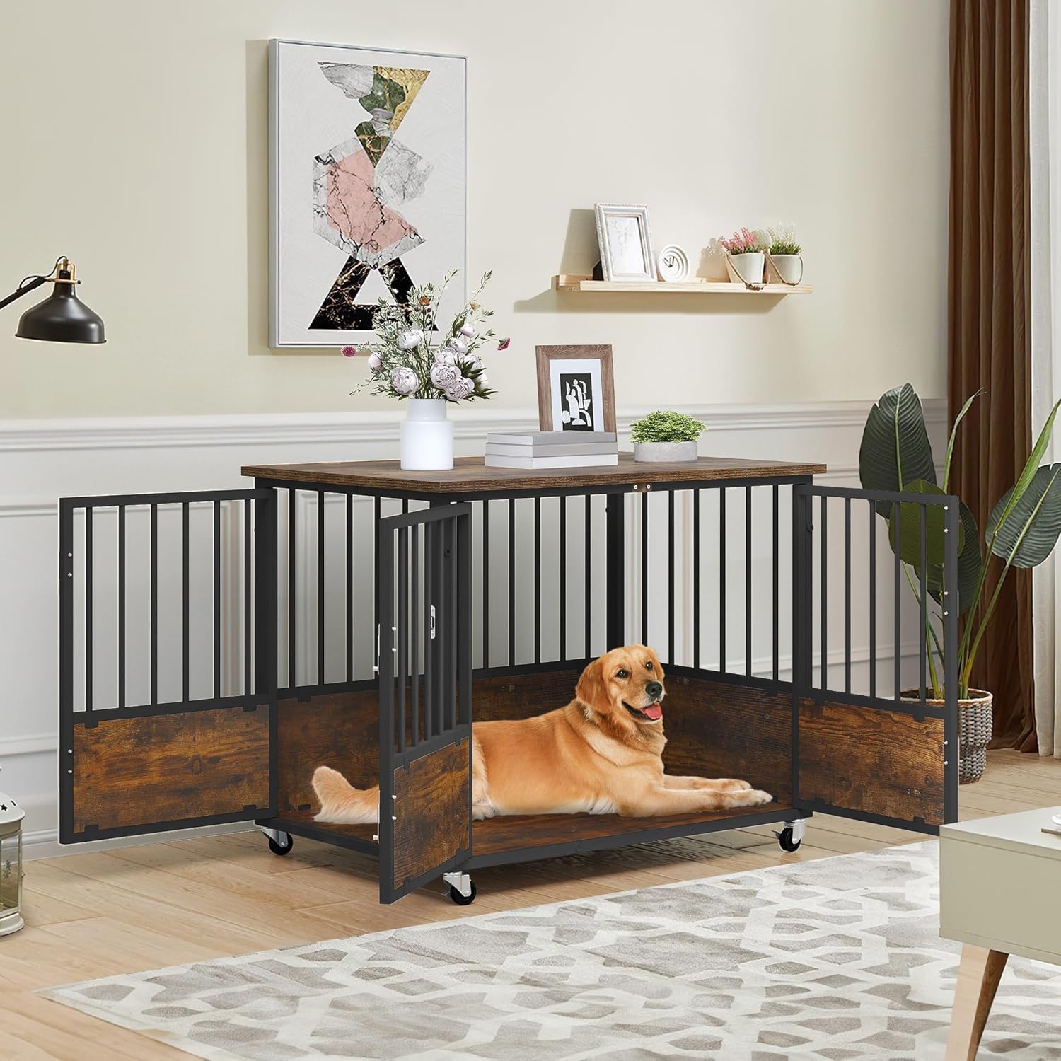 YITAHOME Rustic Heavy Duty Dog Crate Furniture with Wheels, Double-Doors Metal Dog Kennel Indoor for Small Medium Dogs, Decorati