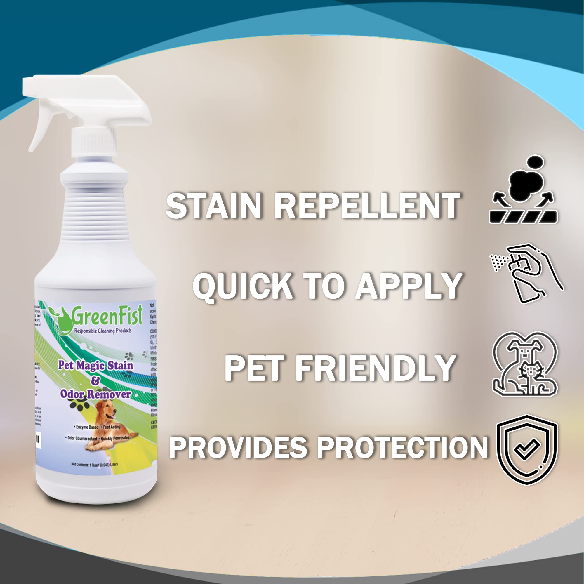 Greenfist Pet Stain & Odor Remover Magic Fast Acting Carpet Spot Cleaner Enzyme Powered Formula Cats,Dogs, Small Animal, 32 Oz S