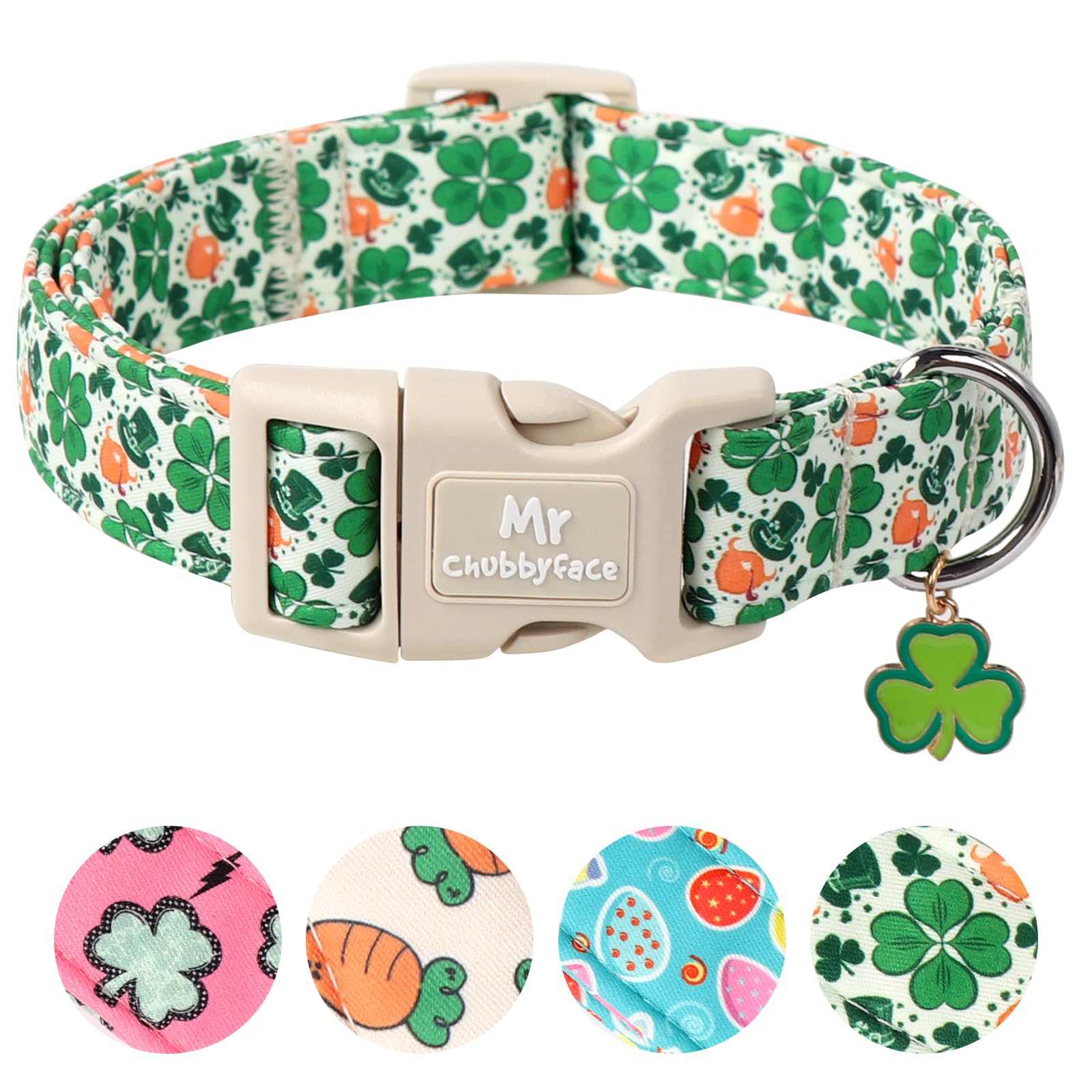 Mr.Chubbyface St. Patrick'S Dog Collar,Green Clover Lucky Shamrock Pet Collar With Quick Release Buckle, Durable Adjustable Spri