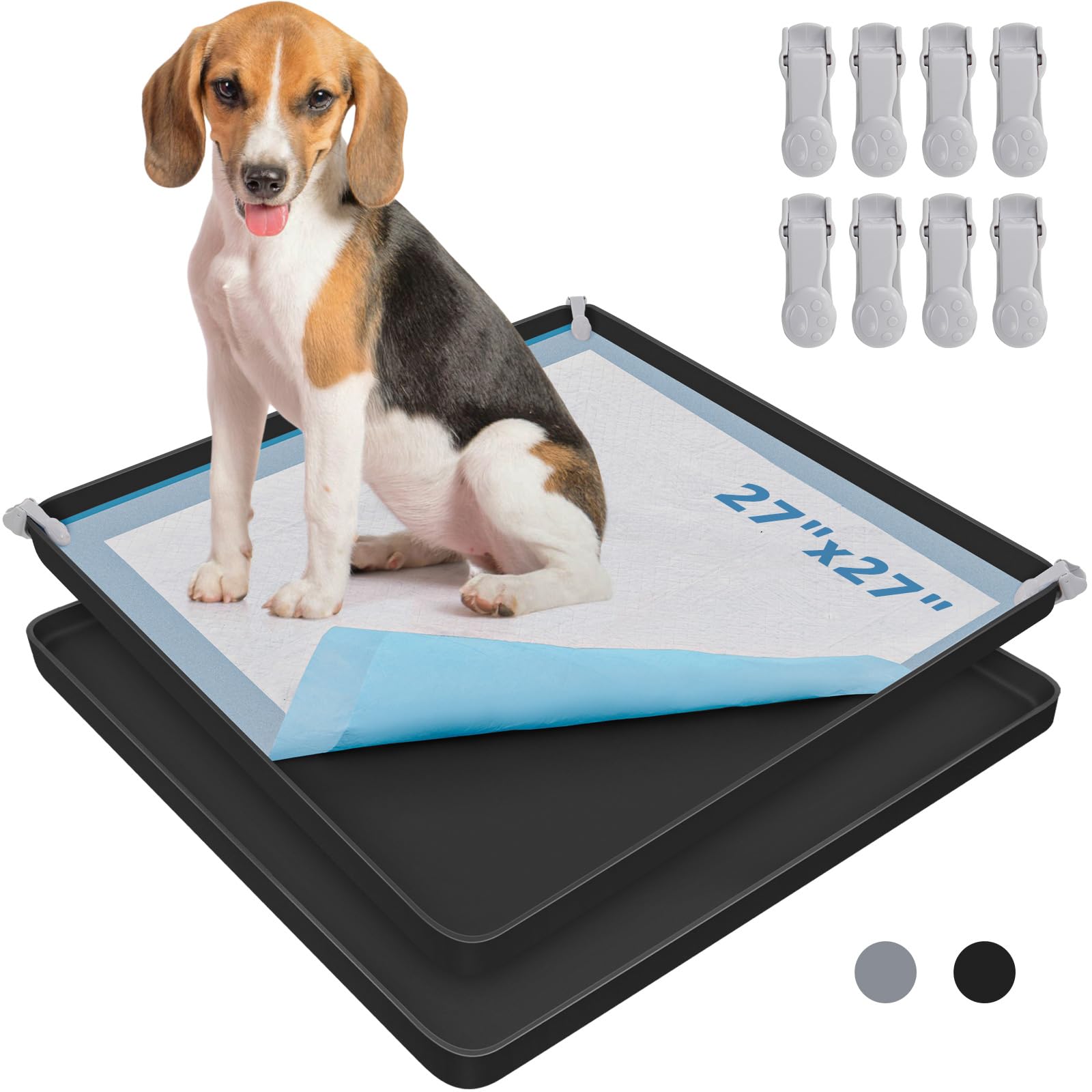 LOOBANI Large Dog Pee Pad Holder - 2 Pack Silicone Potty Tray - High Edge with 4 Clamps for Puppy Potty Training, Fits Up to 27'