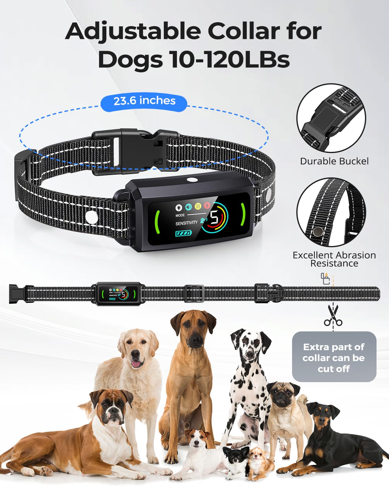 Bark Collar, Rechargeable Dog Bark Collar, Anti Barking Training Collar With Flashing Light, 5 Adjustable Sensitivity Beep Vibra