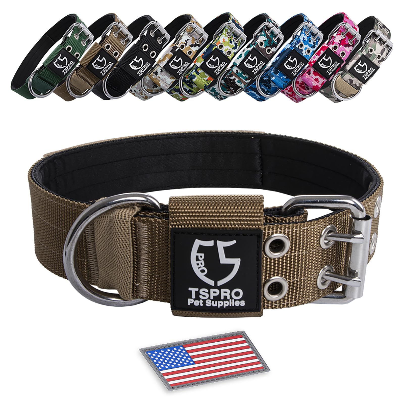 Tspro 1.5Inch Tactical Dog Collar Military Strong Dog Collar Working K9 Dog Collar With Metal Buckle And Usa Flag Patch For Medium Large Dogs(Khaki-M)