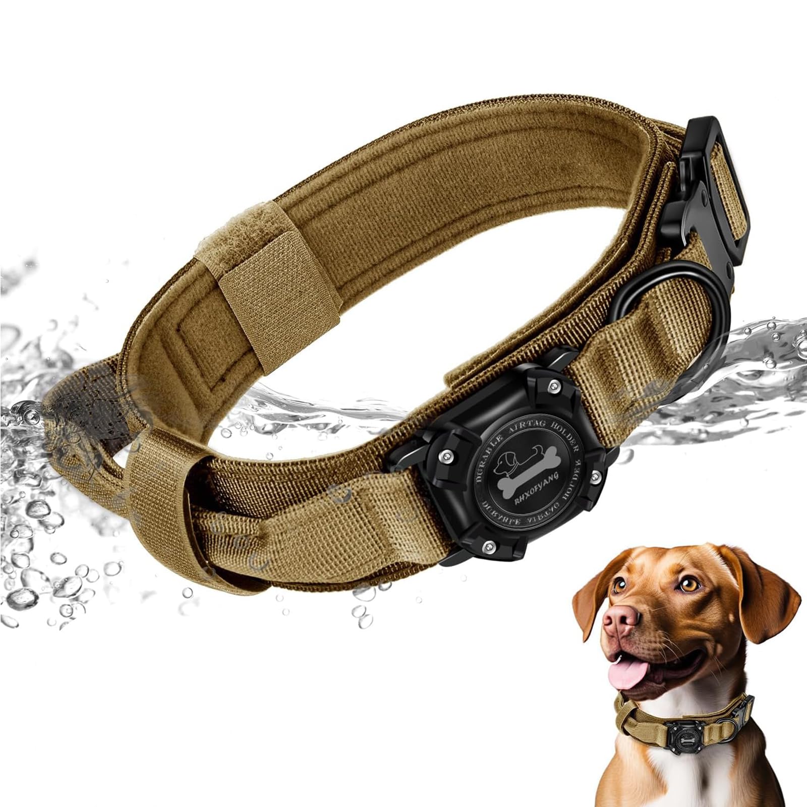Rhxofyang Dog Collar With Airtag Holder, Airtag Dog Collar Ip68 Waterproof With Control Handle And Metal Buckle, Military Tactic