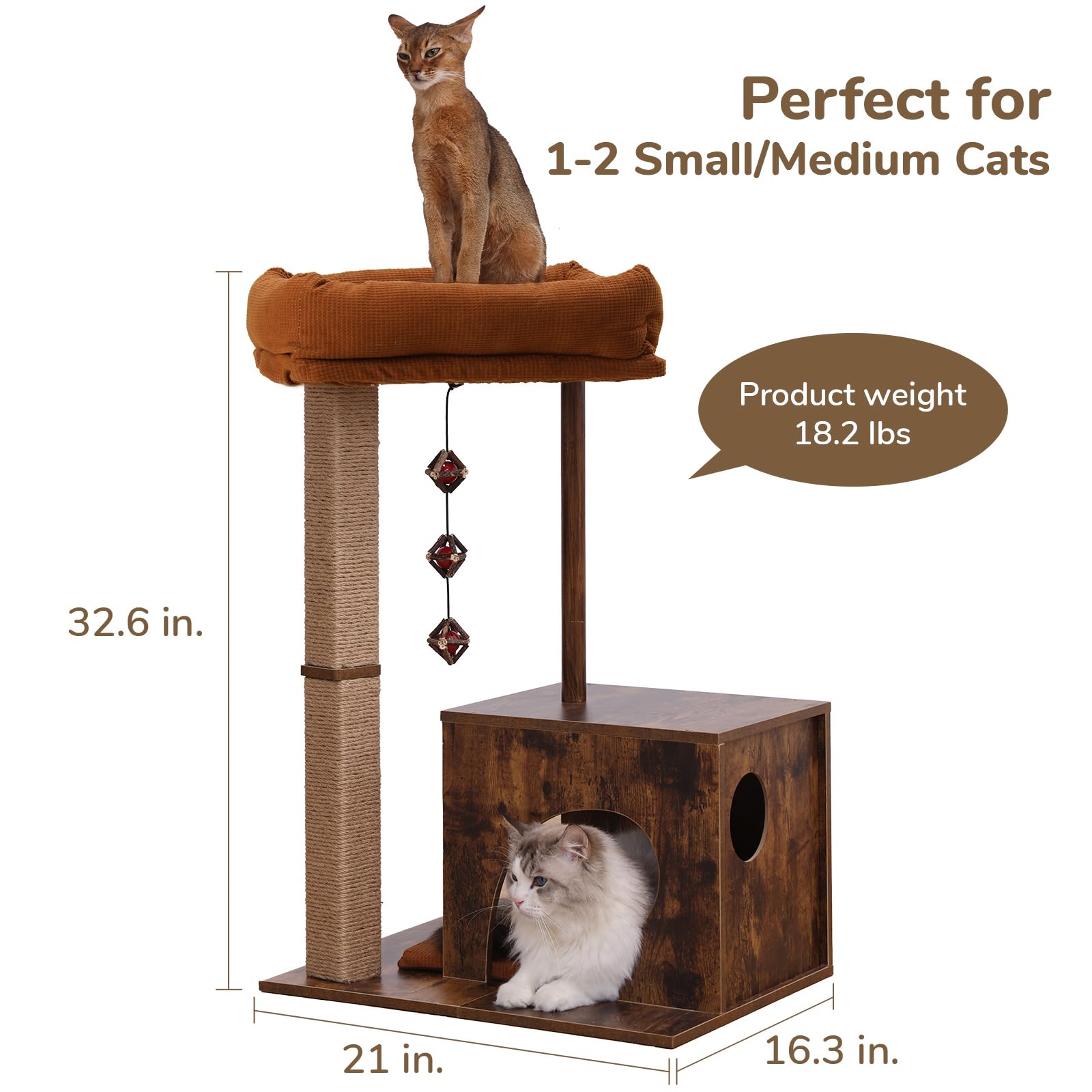 Fukumaru Cat Scratching Post, Modern Style Cat Tree With Unique Square Post, Wooden Cat Tower With Silvervine Balls, Retro Cat C
