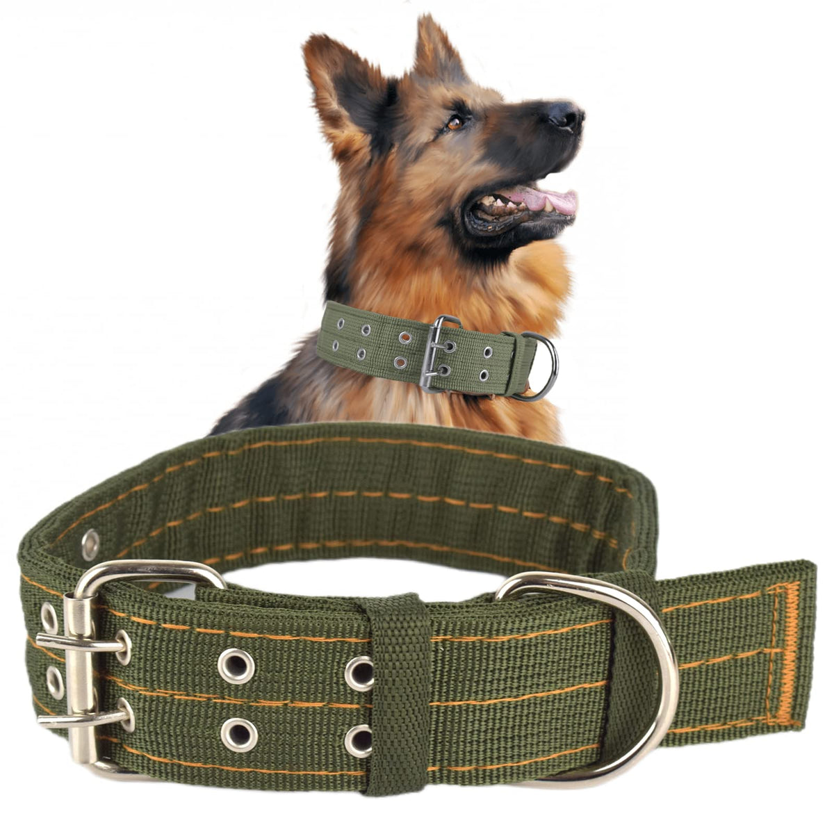 Buckle Dog Collar, 2 Wide Adjustable Nylon Military Tactical Dog Collars, 2-Rows D Ring Heavy Duty Dog Collar