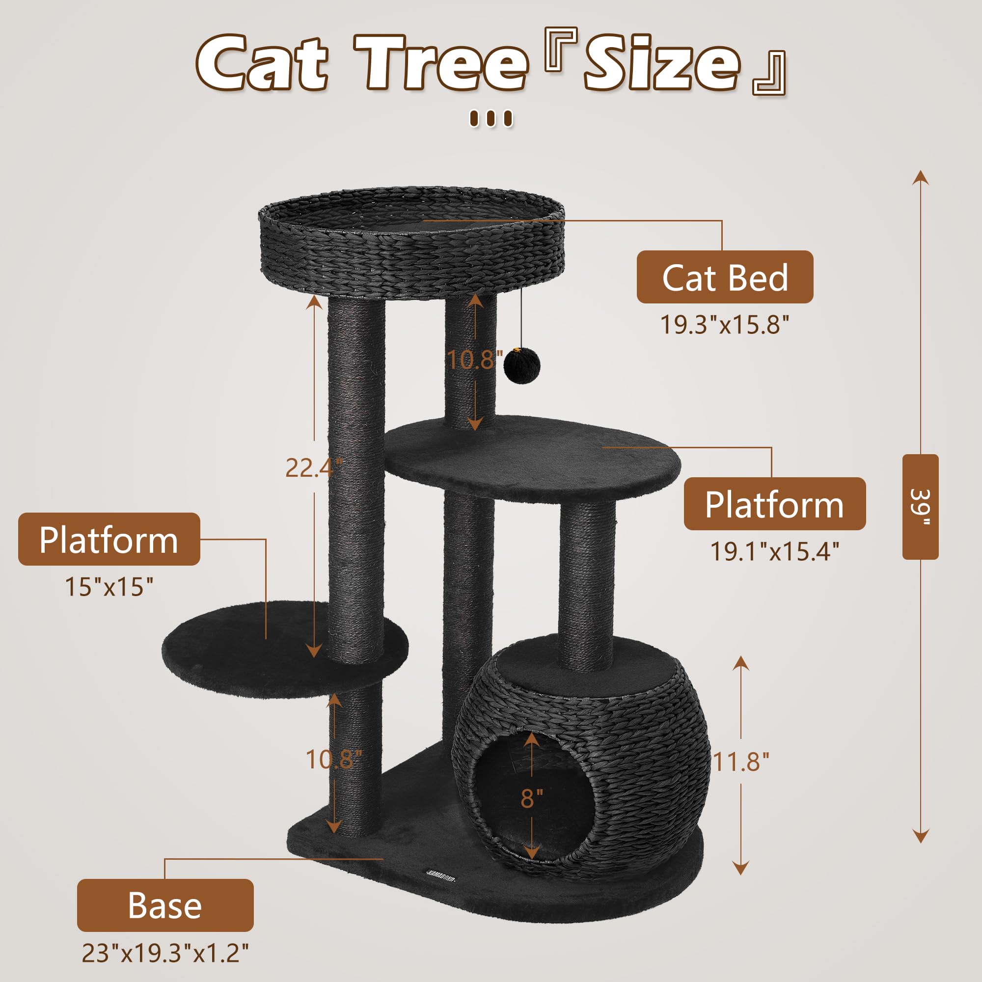 Kamaboko Modern Cat Tree, 38'' Tall Cat Trees For Indoor Cats W/Natural Sisal Scratching Posts, Hand-Woven Condo & Top Perch, Ca
