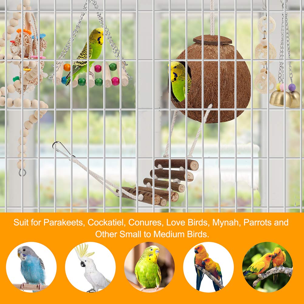 Bird Parakeet Toy Bird Cage Hammock Bird Perch Natural Coconut Hideaway With Ladder Swing Chewing Hanging Bell Toy With Mirror For Parrots,Parakeet,Conure,Cockatiel,Budgerigar,Love Birds,Mynah,Finches