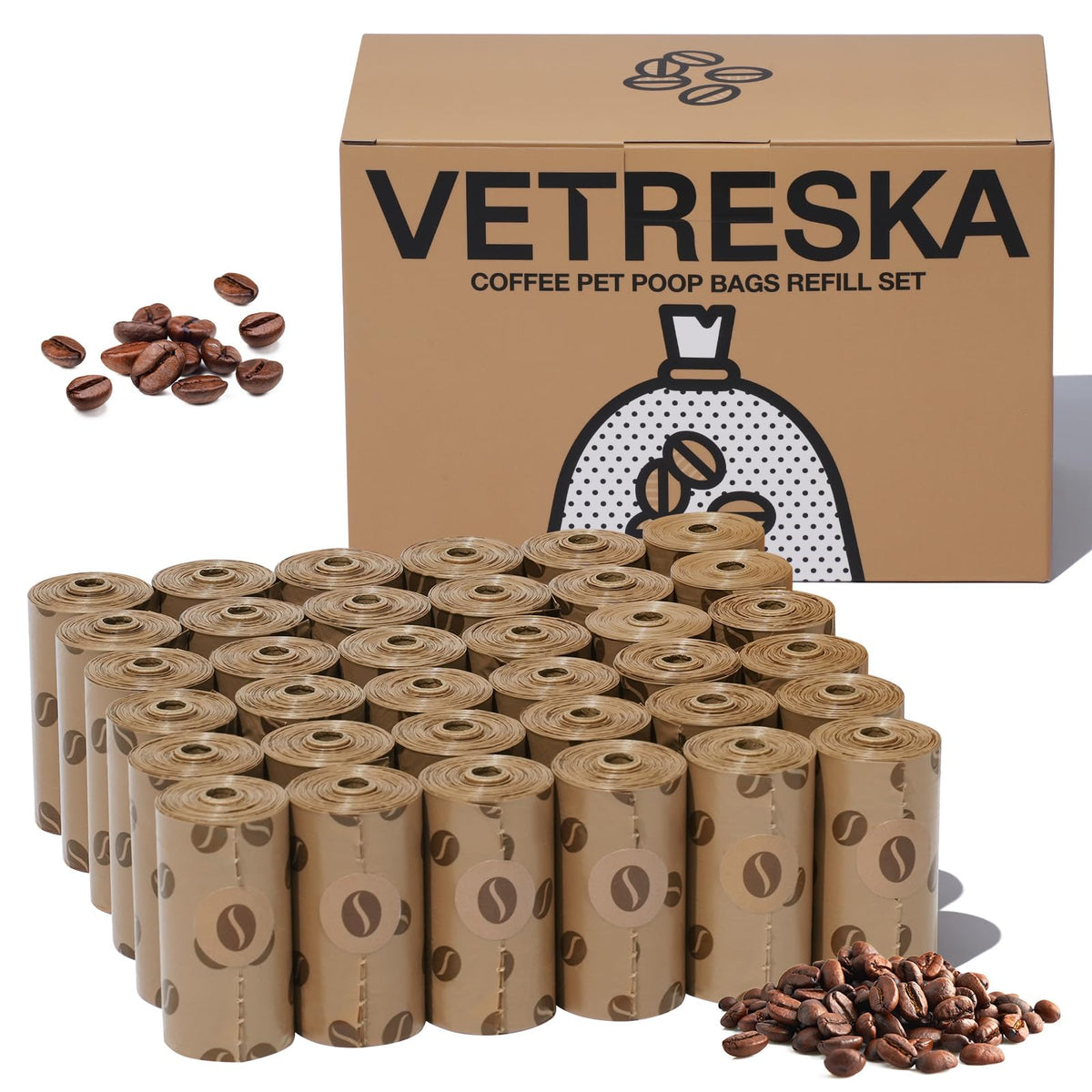 Vetreska Dog Poop Bags, 540 Count Coffee Scented Waste Bags, Leak Proof, Extra Thick, 9'' X 13'' Large Dog Pet Bags For Dogs And