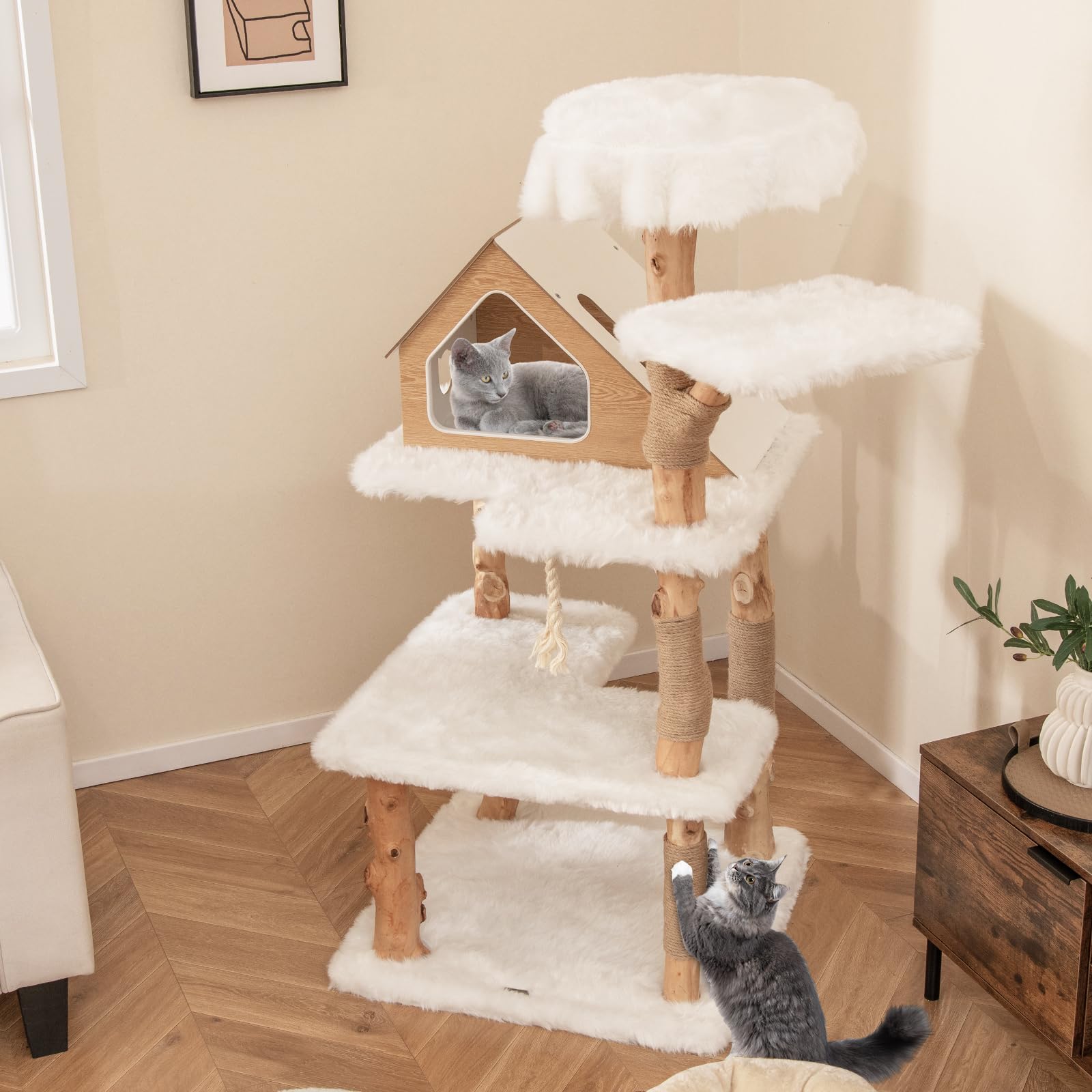 Tangkula Solid Wood Cat Tree, Modern Wooden Cat Tower With Jute Scratching Posts, 2 Perches, Condo, Sisal Rope, Soft Long Plush,