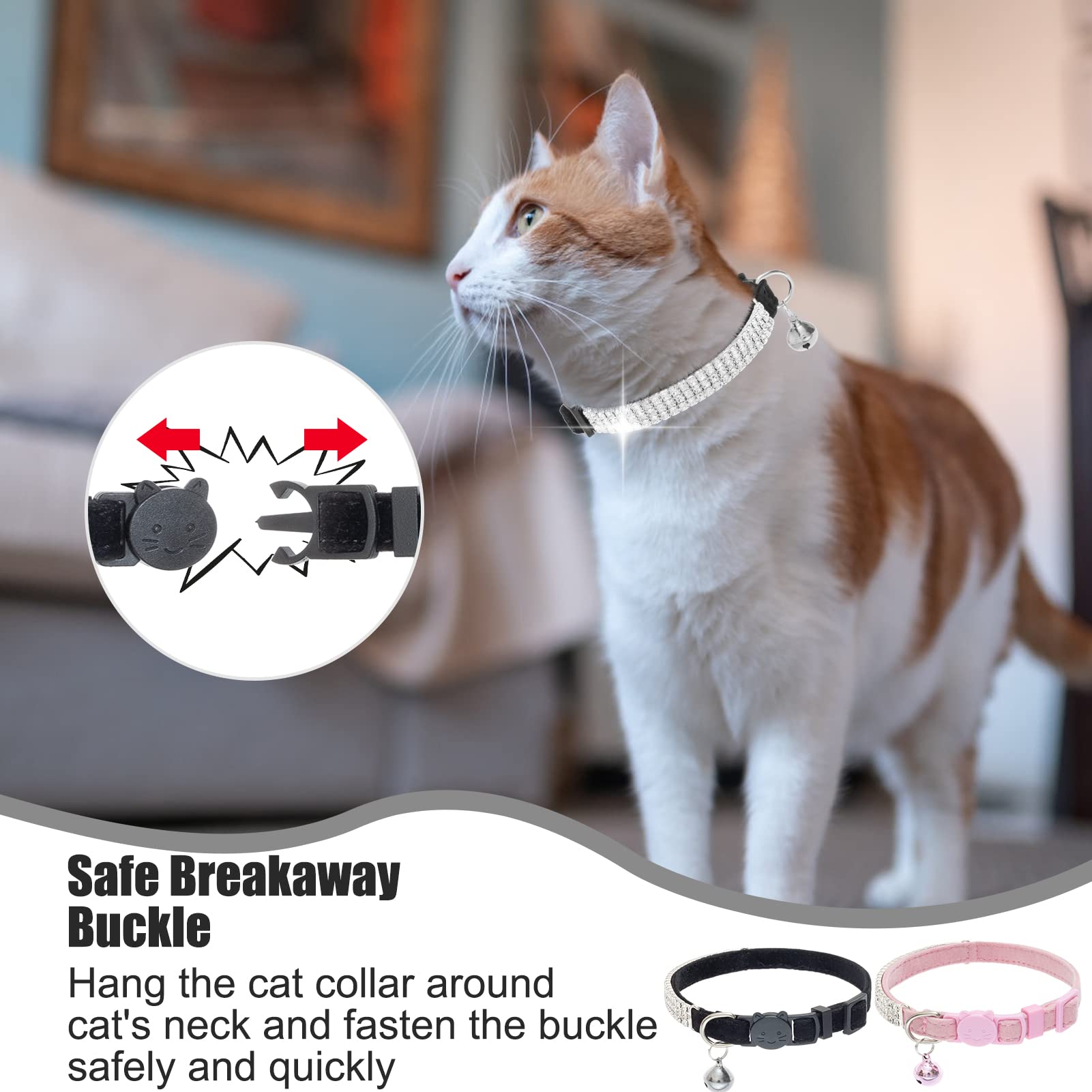 Expawlorer Cat Collar Breakaway With Bells - 2 Pack Rhinestones Bling Diamante Collars - Soft Velvet Safe Adjustable Shing Colla