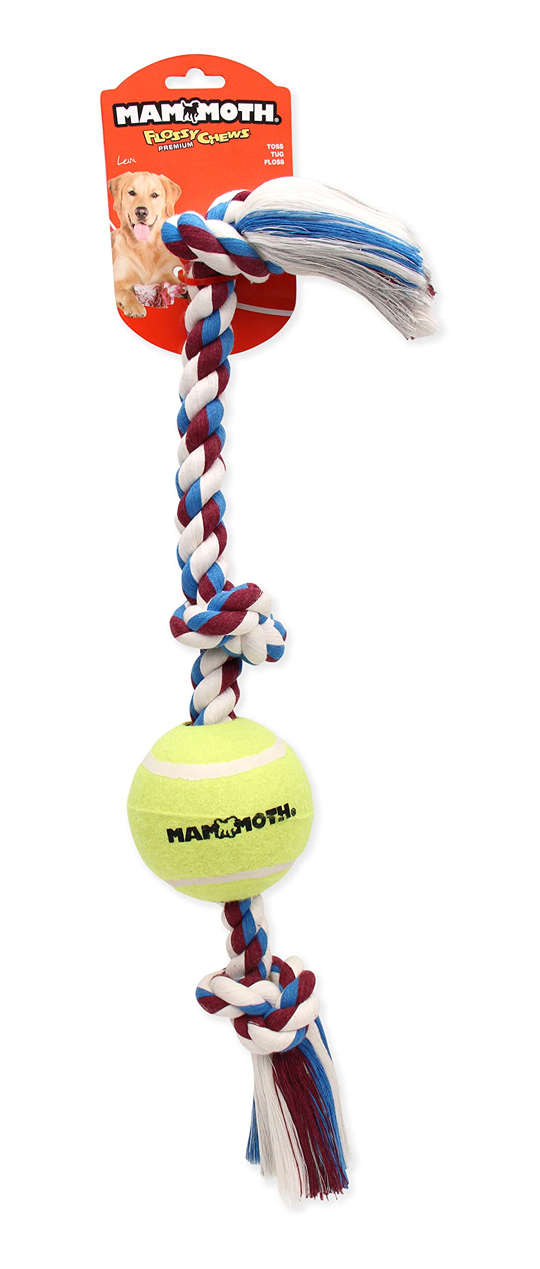 Mammoth Flossy Chews Color 3 Knot Tug W/Large Tennis Ball – Premium Cotton-Poly Tug Toy For Dogs – Interactive Dog Tug Toy – Rope Dog Toy With Tennis Ball For Large Dogs - 24”