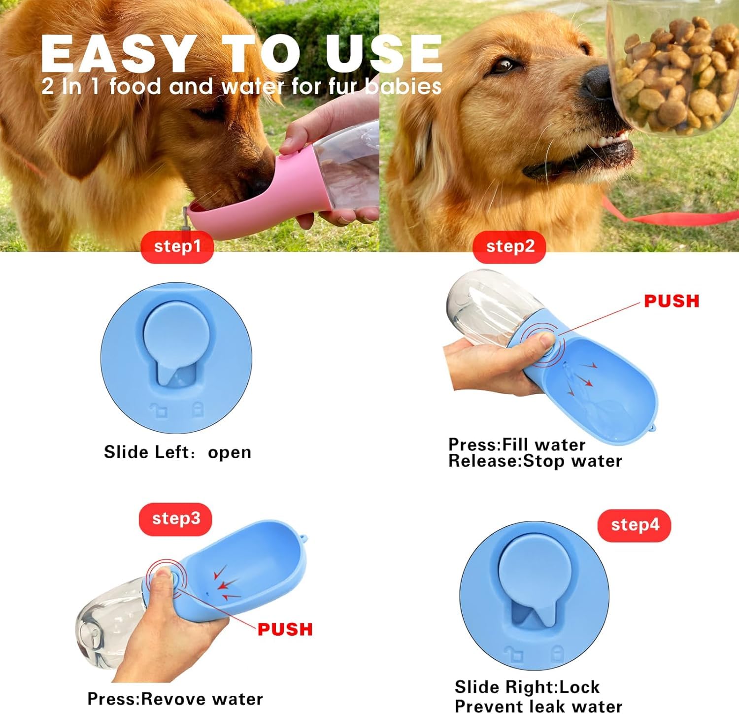 AVELORA Dog Water Bottle with Food Container, Portable Pet Dog Water Dispenser for Outdoor Walking,Hiking,Travel,Puppy Essential