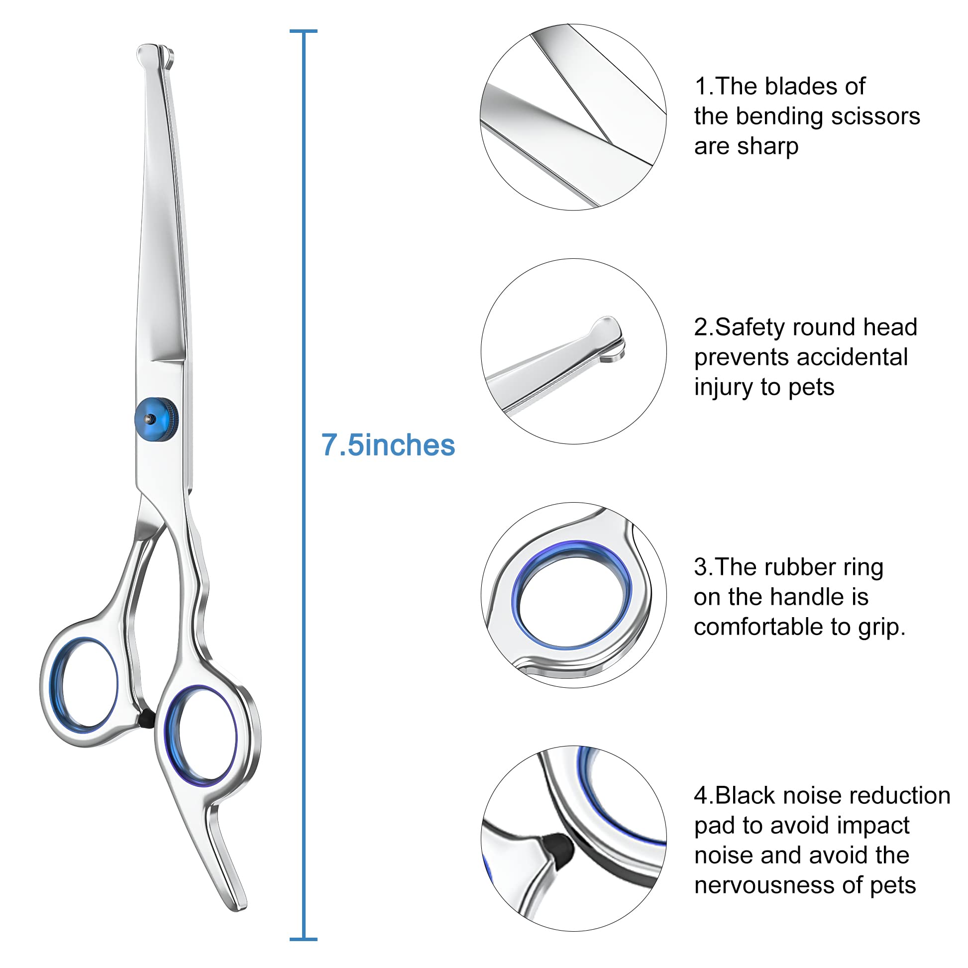 Petsvv 7.5'' Curved Dog Grooming Scissors With Safety Round Tips, Light Weight Professional Pet Grooming Shears Stainless Steel