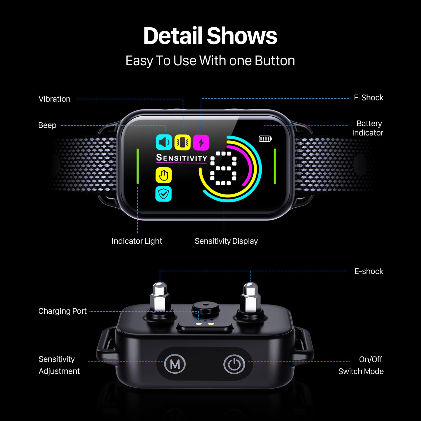 DINJOO Dog Bark Collar - Rechargeable Smart Anti-Barking Training Collar for Large, Medium & Small Dogs with 8 Sensitivity Levels - Black