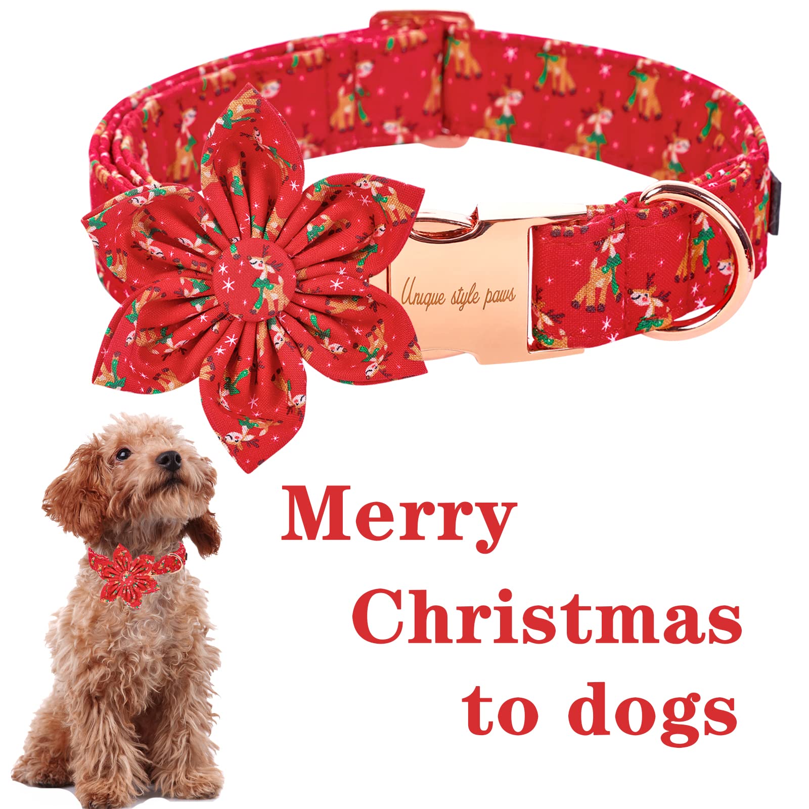 Unique Style Paws Christmas Dog Collar With Flower Tie Red Elk Pure Cotton Collar Adjustable Puppy Collar For Small Medium Large Dogs-S