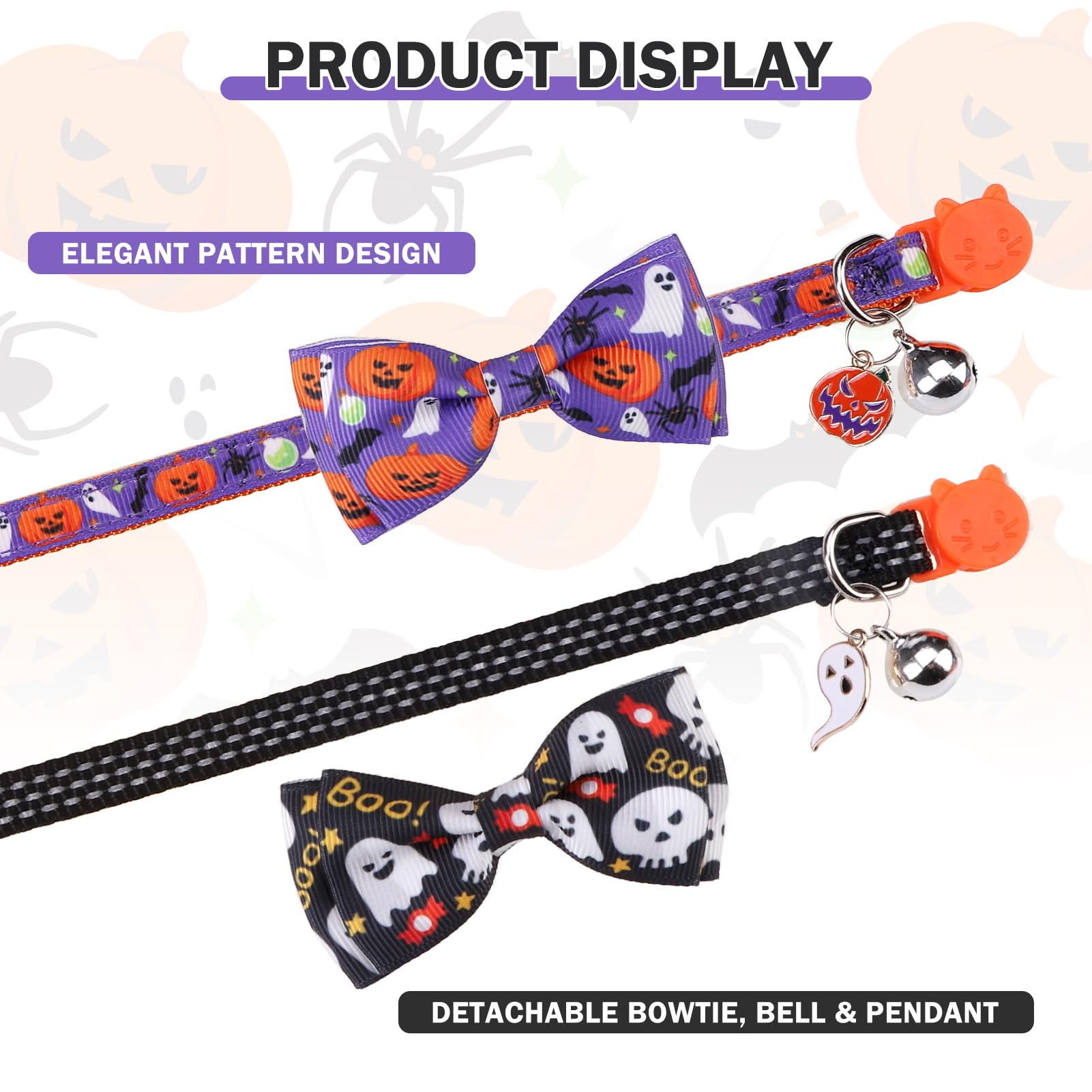 Dillybud Halloween Cat Collar Cat Collar Breakaway With Bell, 2 Pack Safety Adjustable Cat Collars With Pendant, Reflective Cat