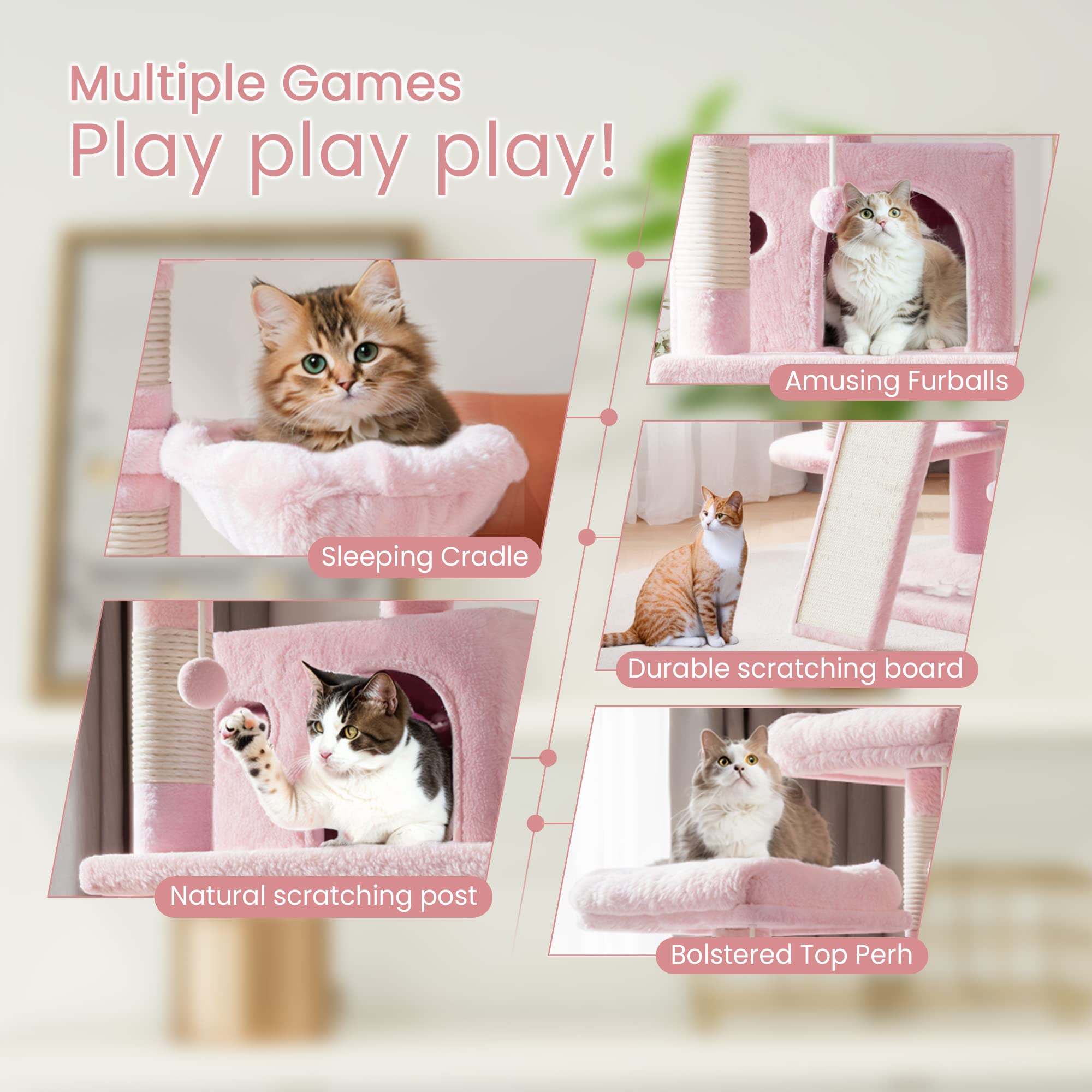 Sha Cerlin 68 Inches Multi-Level Large Cat Tree For Large Cats/Big Cat Tower With Cat Condo/Cozy Plush Cat Perches/Sisal Scratching Posts And Hammocks/Cat Activity Center Play House, Pink