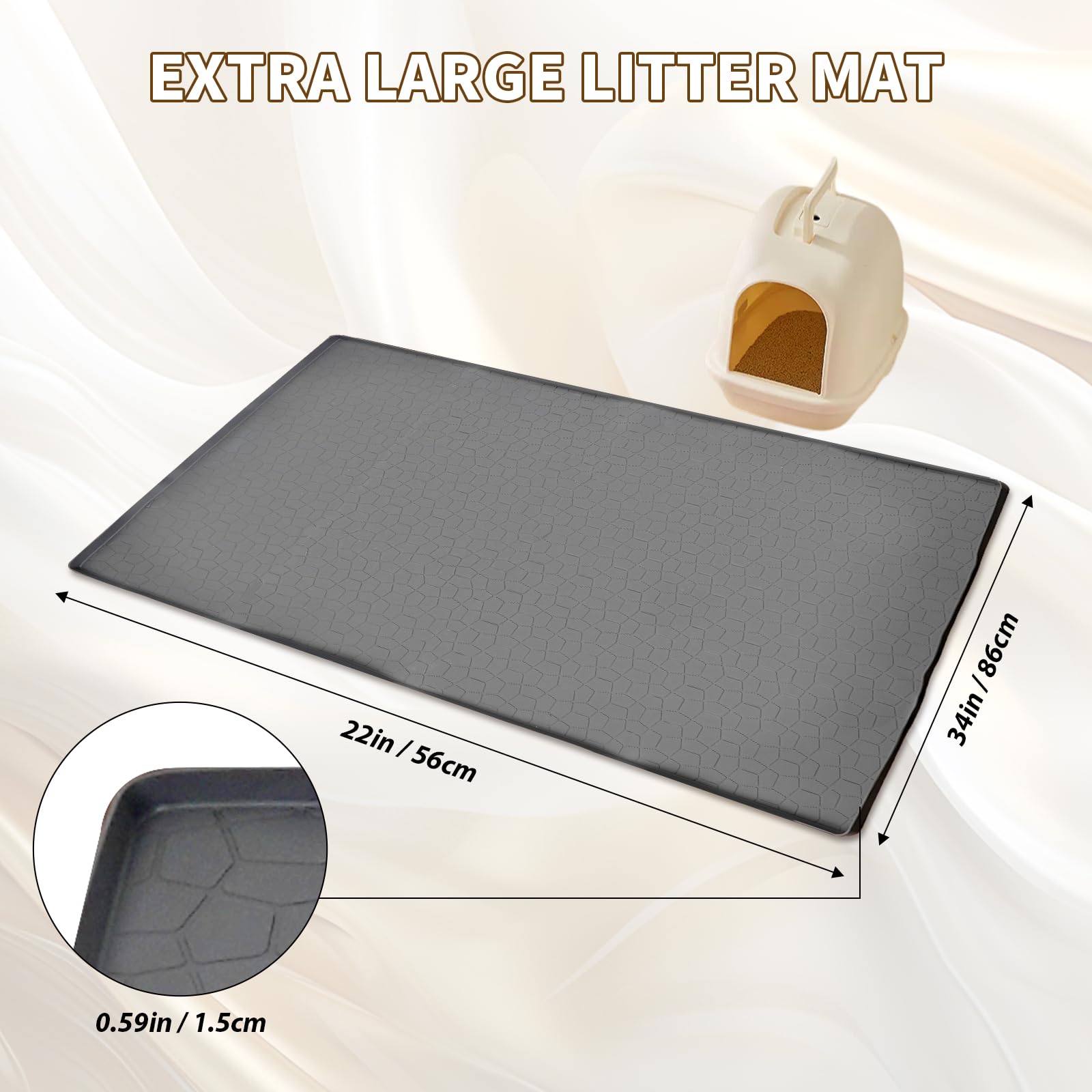 Extra Large Premium Cat Litter Mat - Heavy Duty Waterproof Silicone Floor Pad With High Edges, Non-Slip Scatter Control Trapping