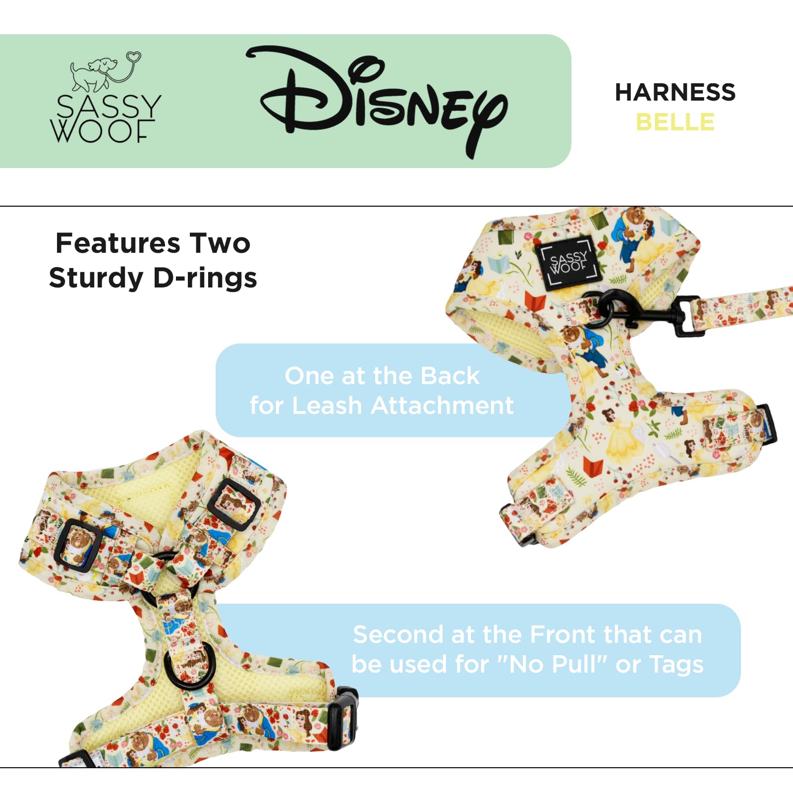 Sassy Woof Dog Adjustable Harness - Disney Princess Beauty And The Beast Belle - M, Breathable Mesh, No Pull Design With Two D-R