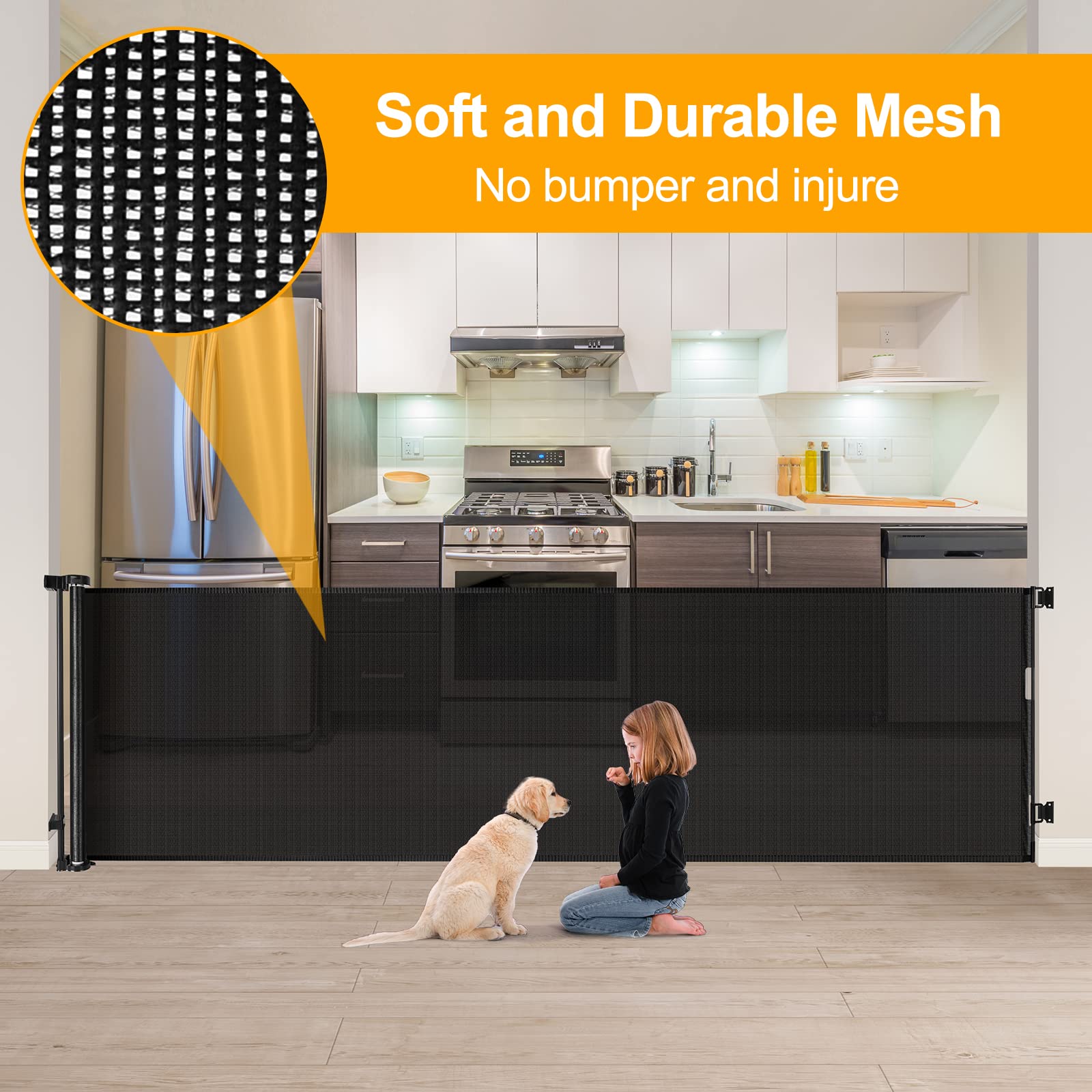 Womhom 100 Inch Extra Wide Baby Gate For Large Opening Retractable Baby Gates For Dogs Indoor Safety Gate Dog Gates For The House Extra Long Baby Gate For Stairs Outdoor Mesh Large Pet Gate (Black)