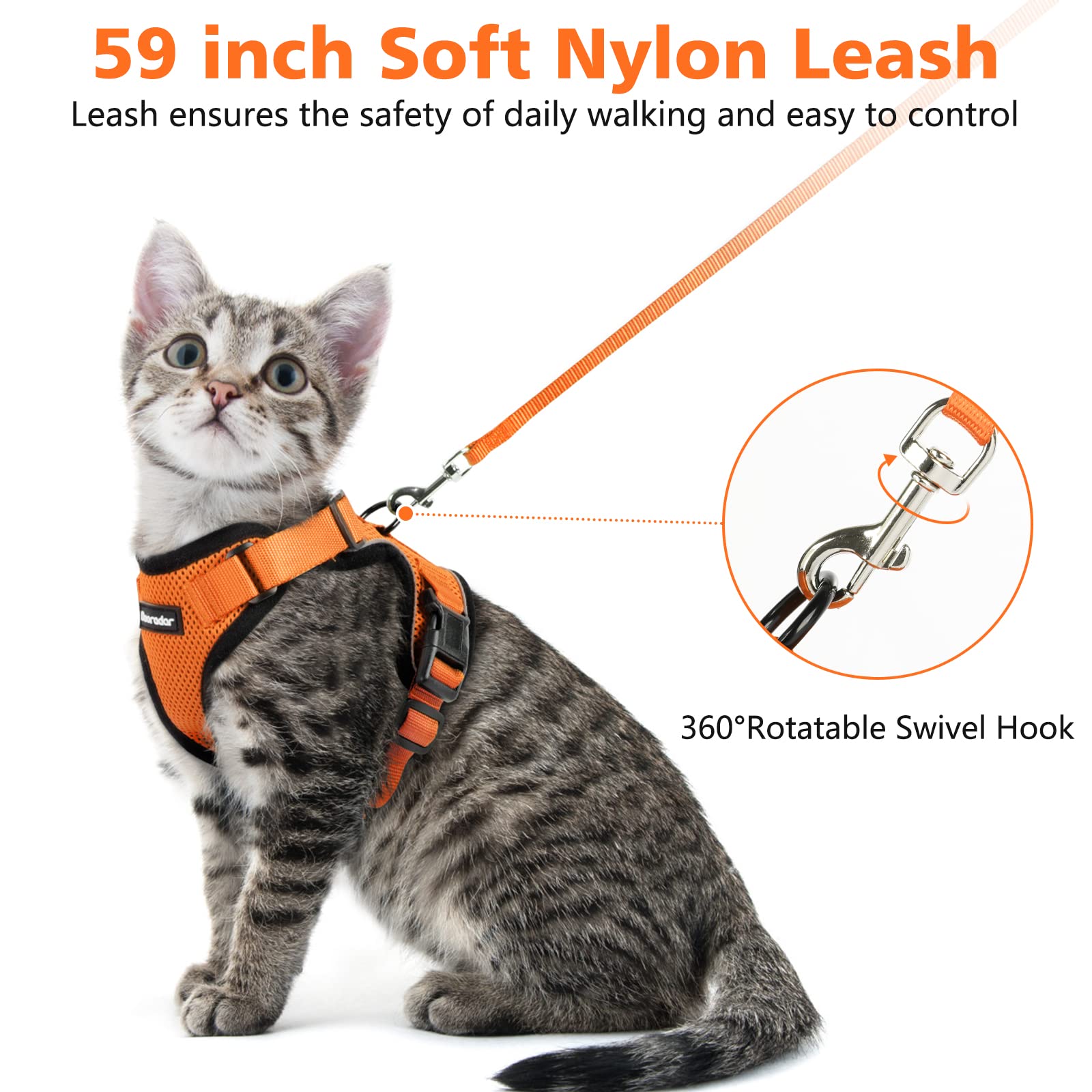 Dooradar Cat Harness And Leash Set, Escape Proof Safe Adjustable Kitten Vest Harnesses For Walking, Easy Control Soft Breathable Mesh Jacket With Reflective Strips For Cats, Orange, Xs