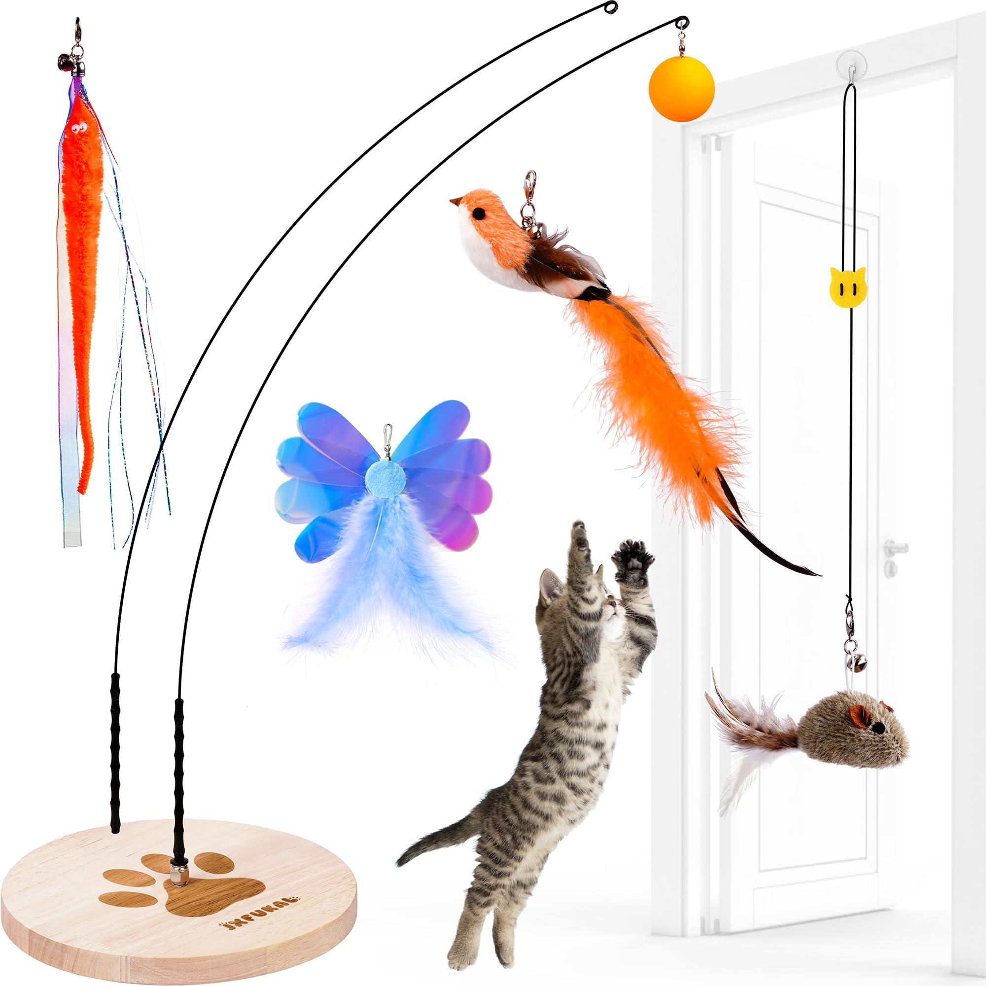JXFUKAL Interactive cat Toy, Automatic Cat Wand Toy with Stable Wooden Base, 2 PCS Detachable Cat Teaser, 5PCS Refills Replaceme