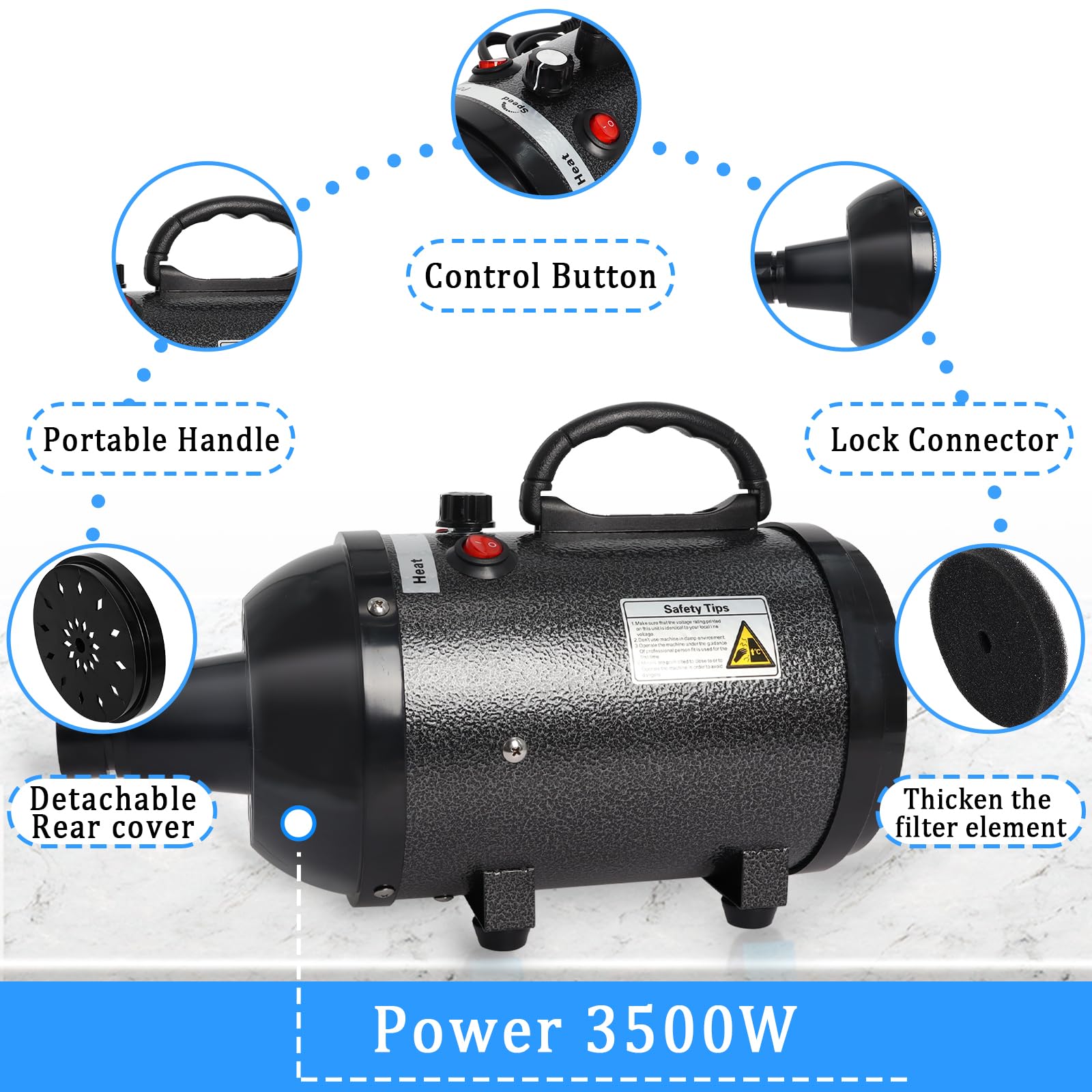 Hoqqf Dog Dryer For Large Dogs 5.2Hp 3800W High Velocity Pet Hair Dryers With Heater For Grooming, Spind Temperature Adjustable