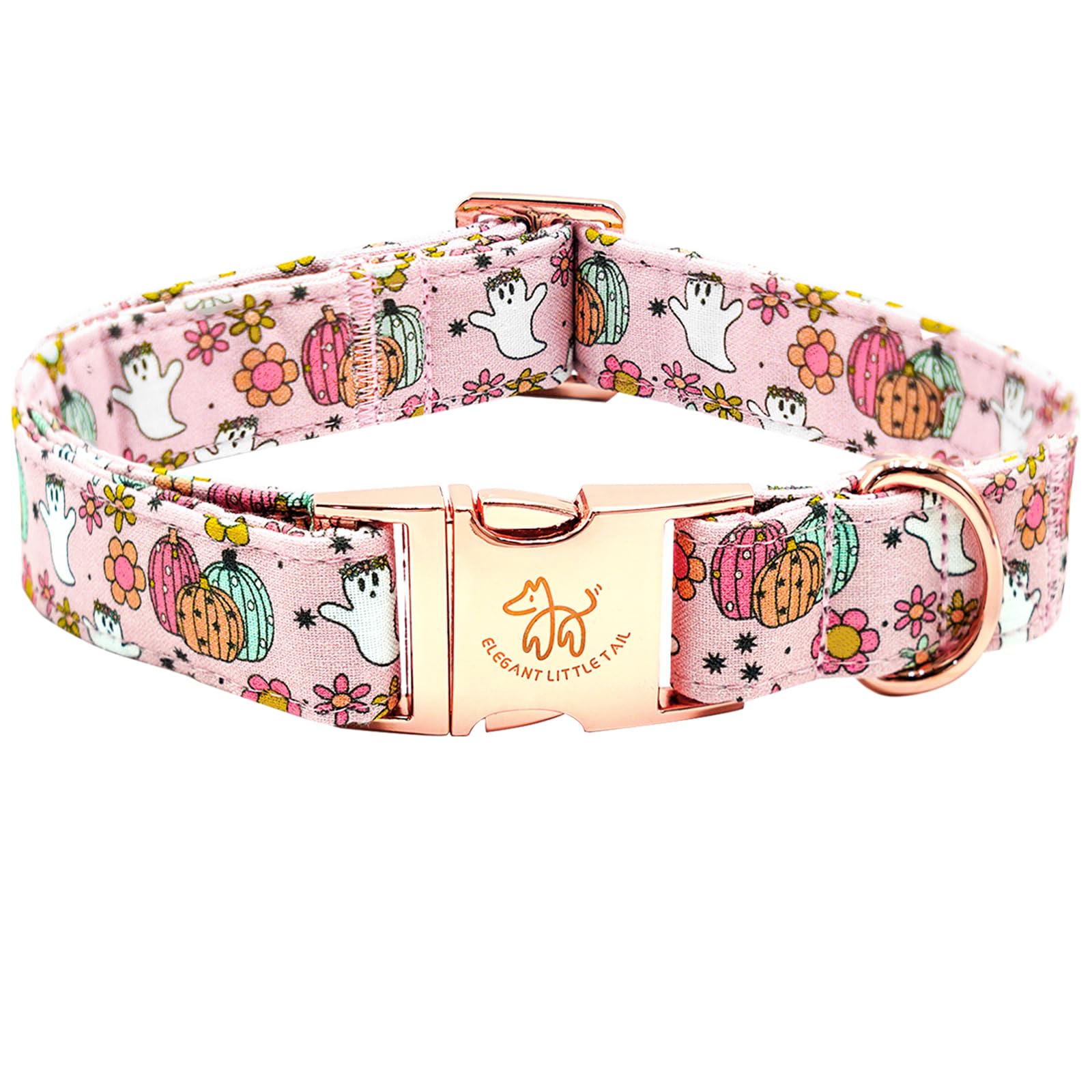 Elegant Little Tail Halloween Dog Collar With Pumpkin Print - Cotton With Metal Buckle, Adjustable For X-Small Puppy