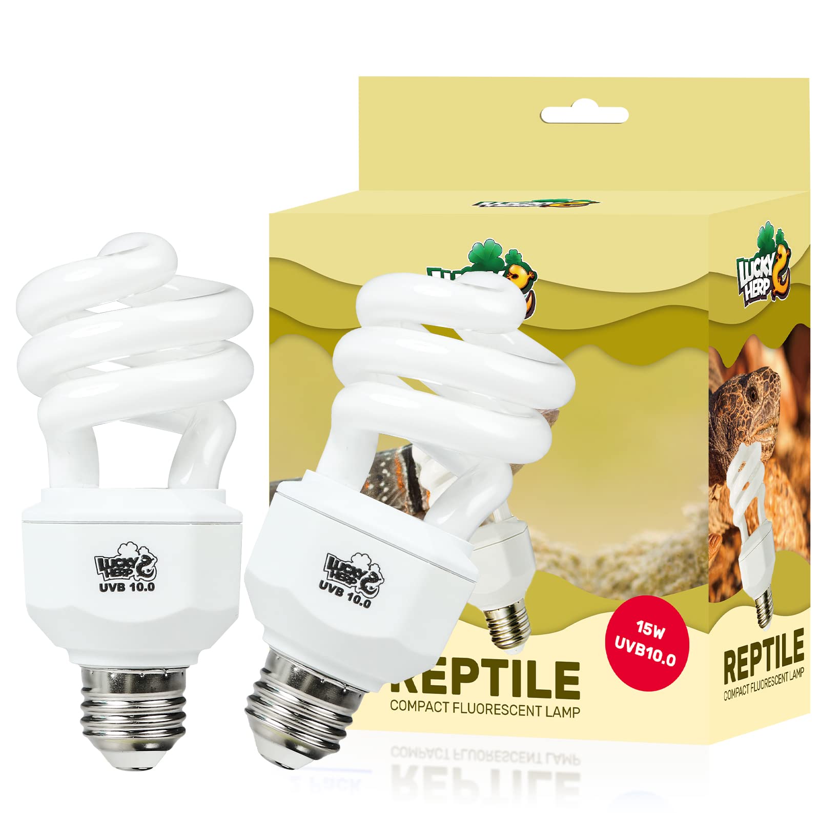 LUCKY HERP 2 Pack UVA UVB Reptile Light, 15W 10.0 UVB Bulb for Desert Reptiles, Compact Fluorescent Terrarium Lamp, Reptile UVB 
